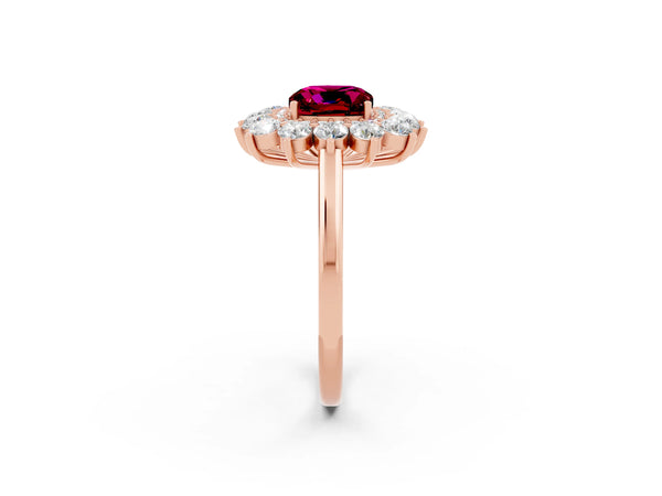 Rose gold Cushion Cut Garnet Floral Double Halo Engagement Ring with Prong Setting