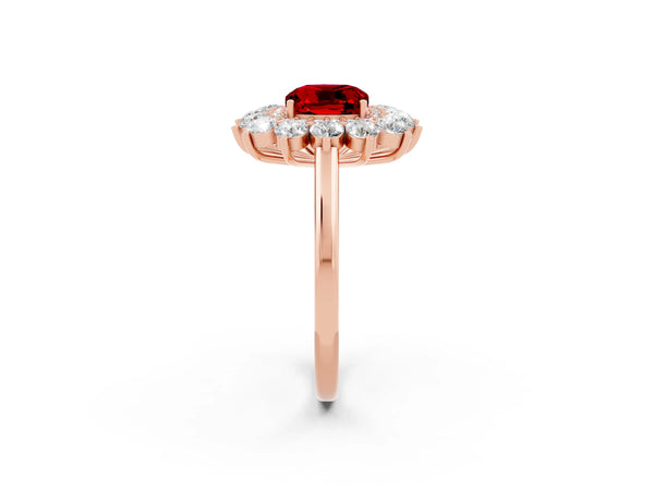 Rose gold Cushion Cut Ruby Floral Double Halo Engagement Ring with Prong Setting