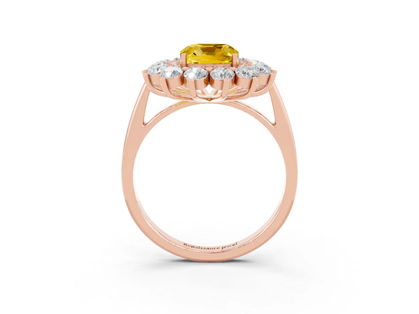 Rose gold Cushion Cut Yellow Sapphire Floral Double Halo Engagement Ring with Prong Setting