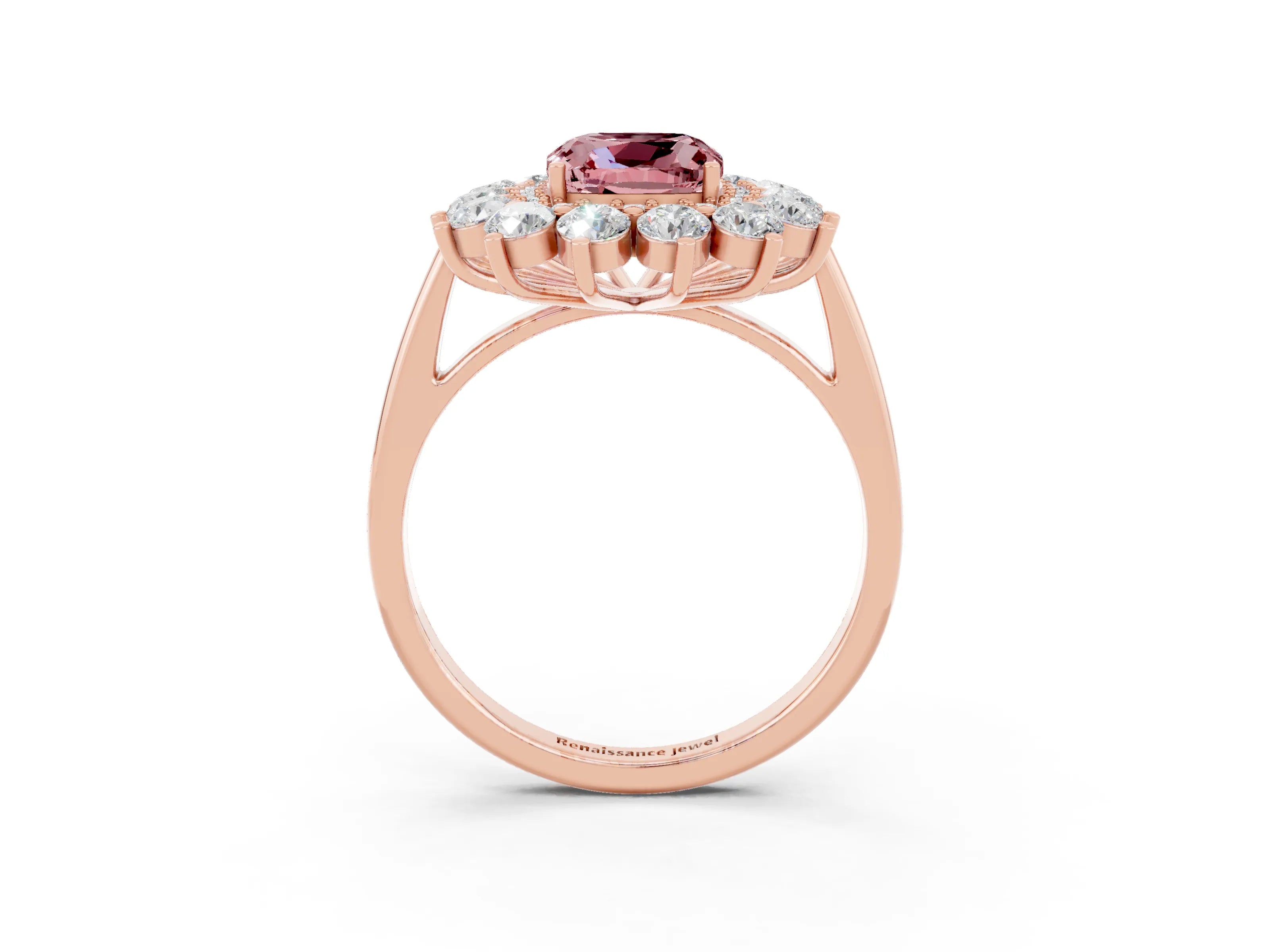 Rose gold Cushion Cut Halo Cluster Diamond Ring with Pave Band and Four-Prong Setting_15