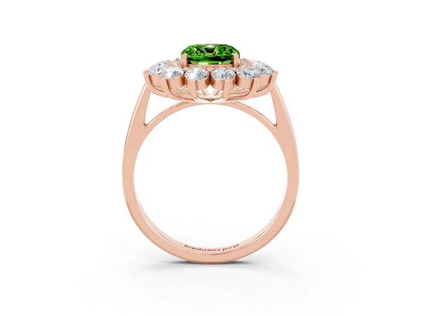 Rose gold Cushion Cut Peridot Floral Double Halo Engagement Ring with Prong Setting