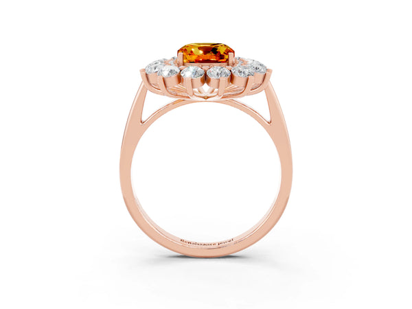 Rose gold Cushion Cut Citrine Floral Double Halo Engagement Ring with Prong Setting