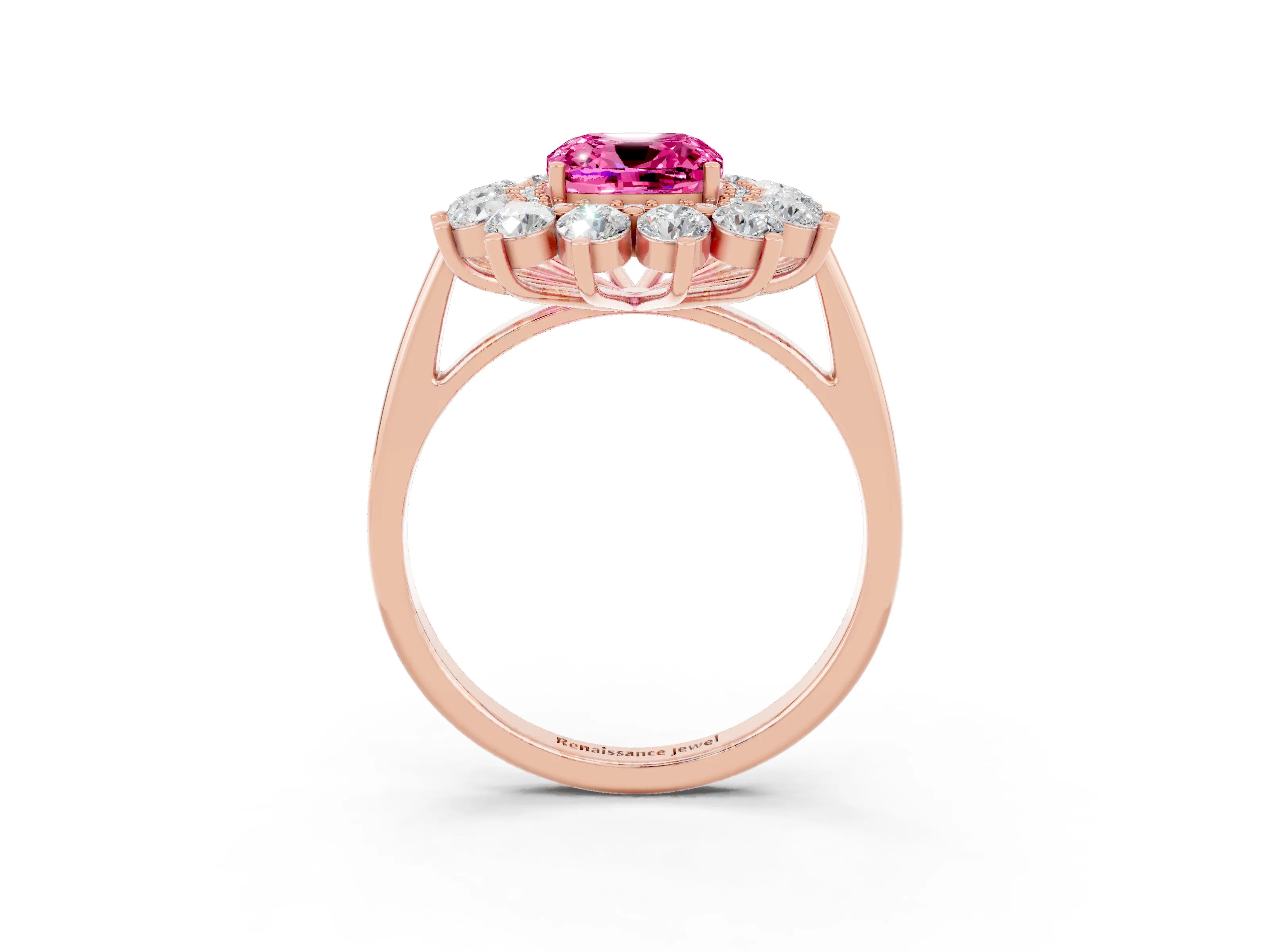 Rose gold Cushion Cut Halo Cluster Diamond Ring with Pave Band and Four-Prong Setting_15