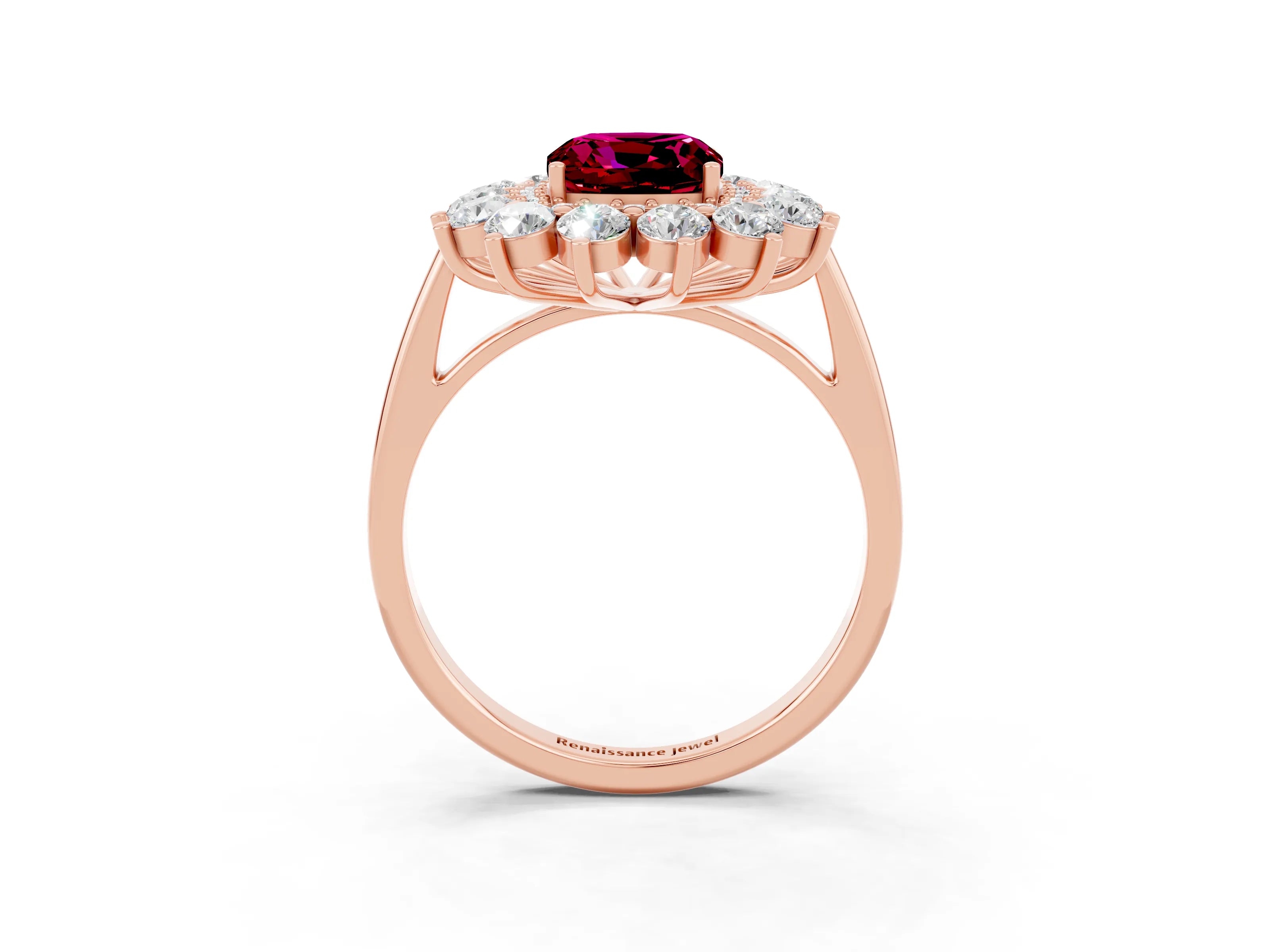 Rose gold Cushion Cut Halo Cluster Diamond Ring with Pave Band and Four-Prong Setting_15