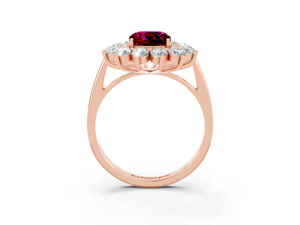 Rose gold Cushion Cut Garnet Floral Double Halo Engagement Ring with Prong Setting