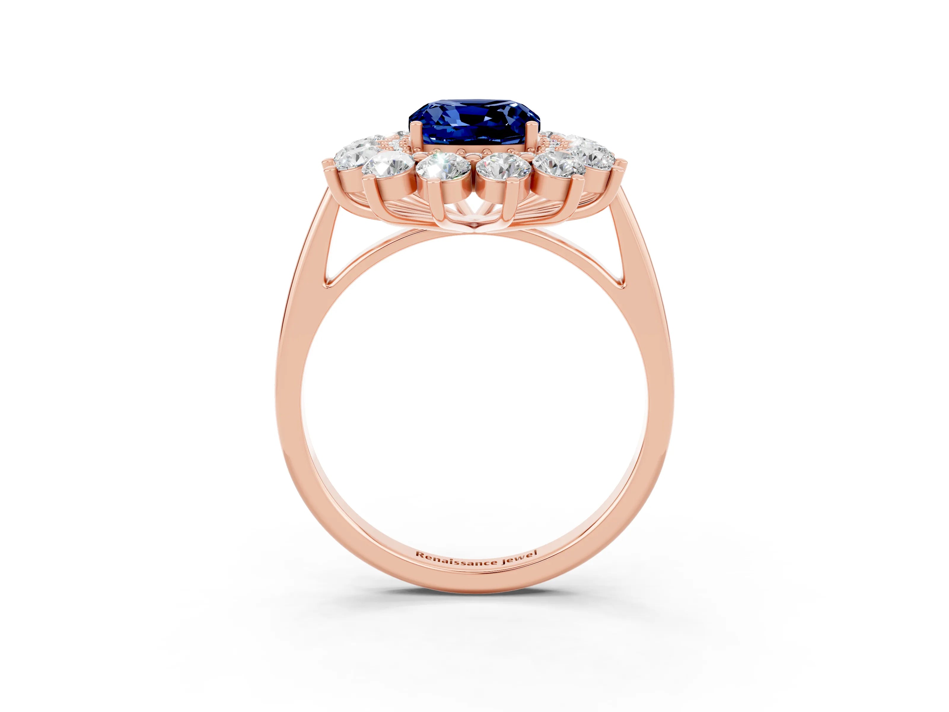 Rose gold Cushion Cut Halo Cluster Diamond Ring with Pave Band and Four-Prong Setting_15