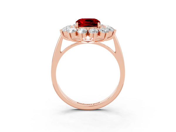 Rose gold Cushion Cut Ruby Floral Double Halo Engagement Ring with Prong Setting