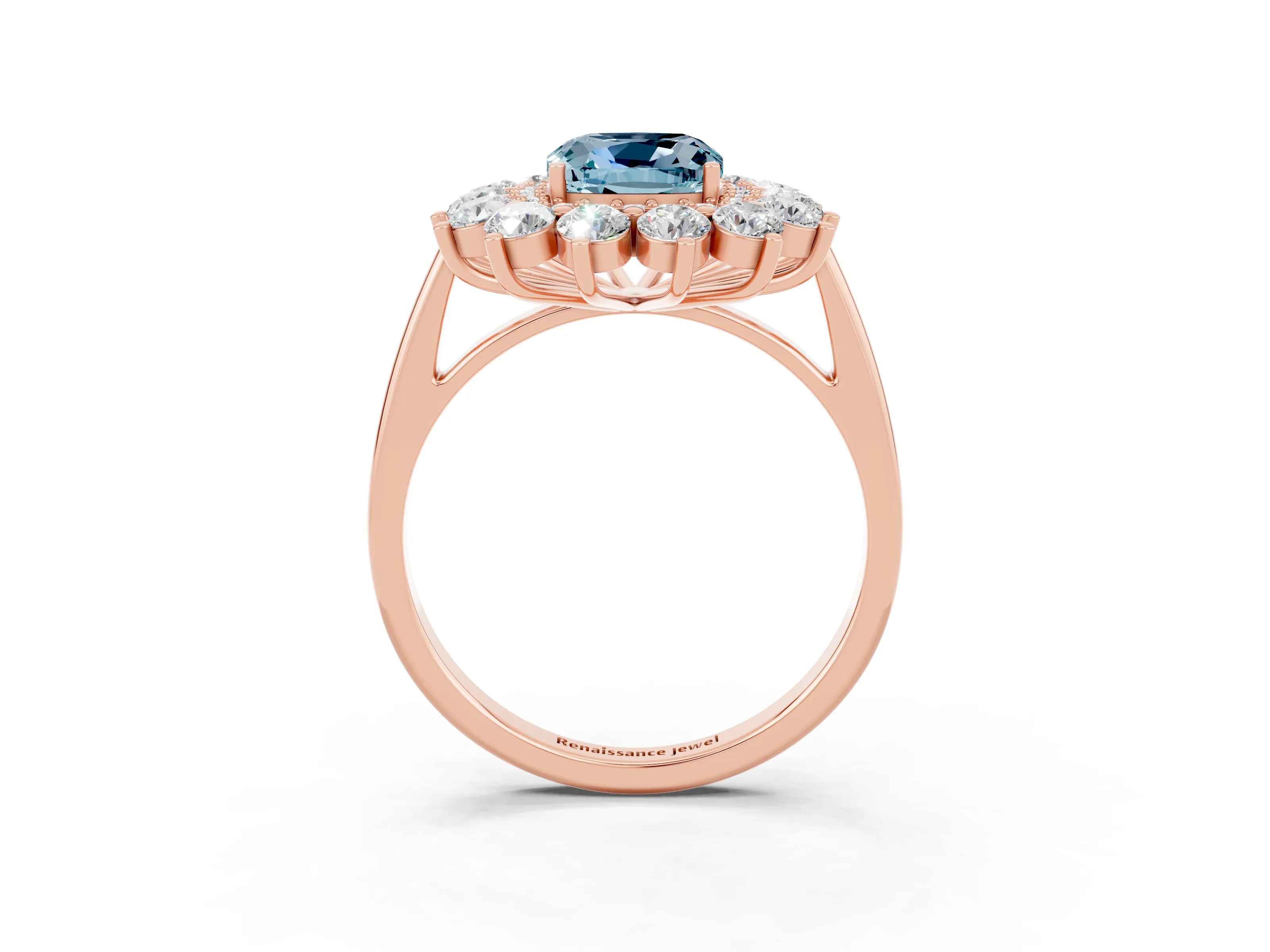 Rose gold Cushion Cut Halo Cluster Diamond Ring with Pave Band and Four-Prong Setting_15