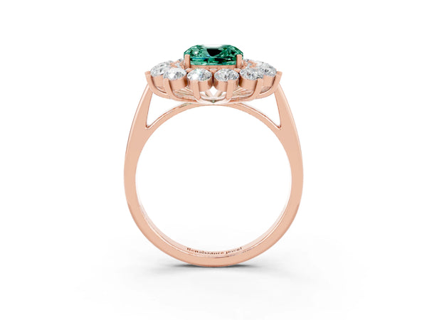 Rose gold Cushion Cut Green Sapphire Floral Double Halo Engagement Ring with Prong Setting