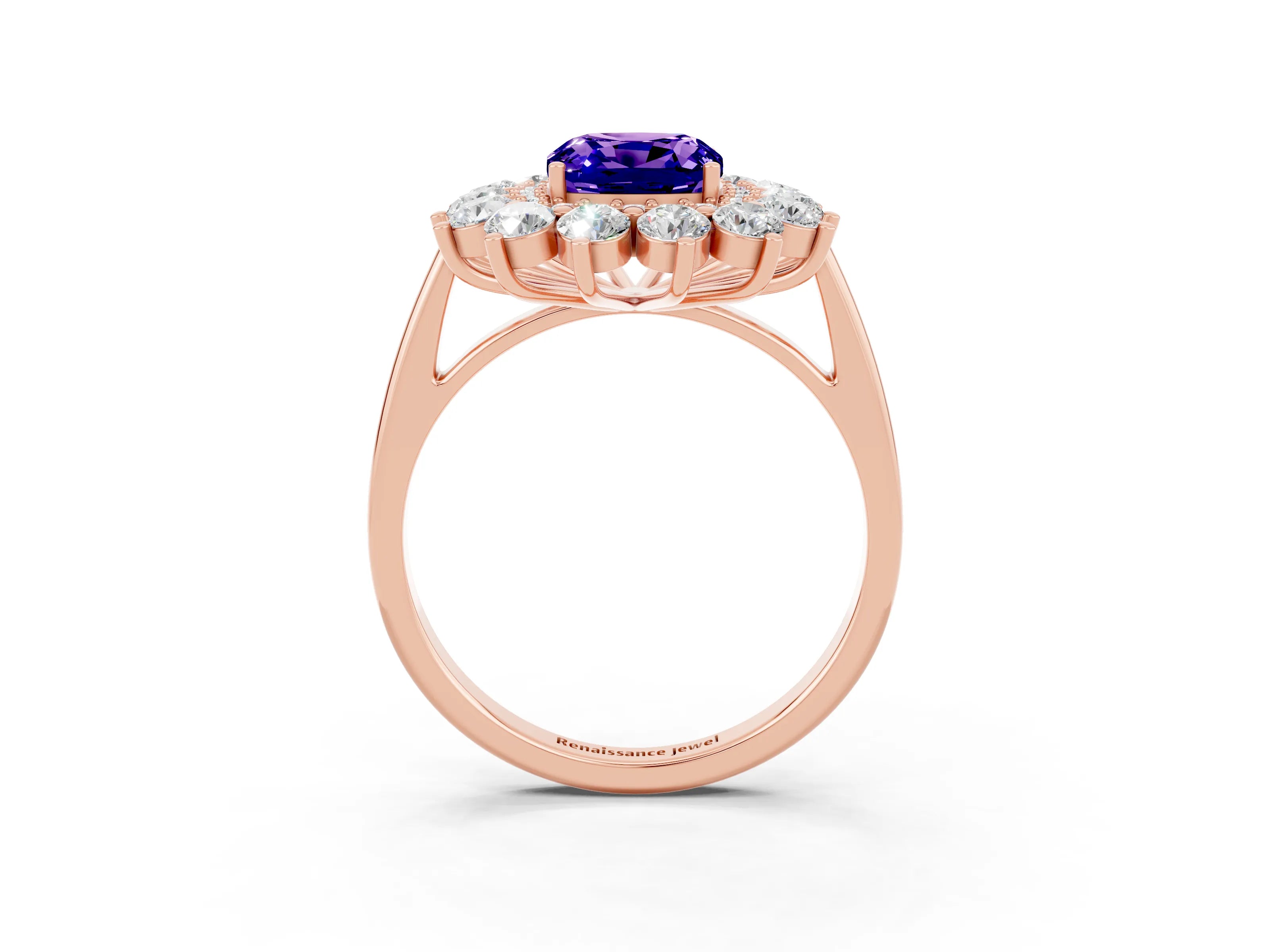Rose gold Cushion Cut Halo Cluster Diamond Ring with Pave Band and Four-Prong Setting_15