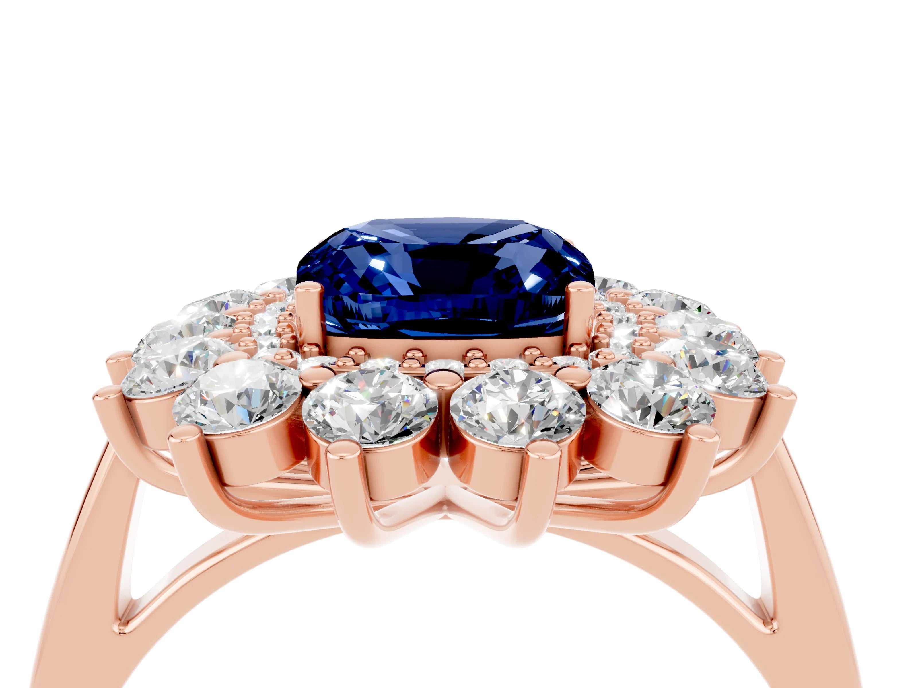 Rose gold Cushion Cut Halo Cluster Diamond Ring with Pave Band and Four-Prong Setting_16