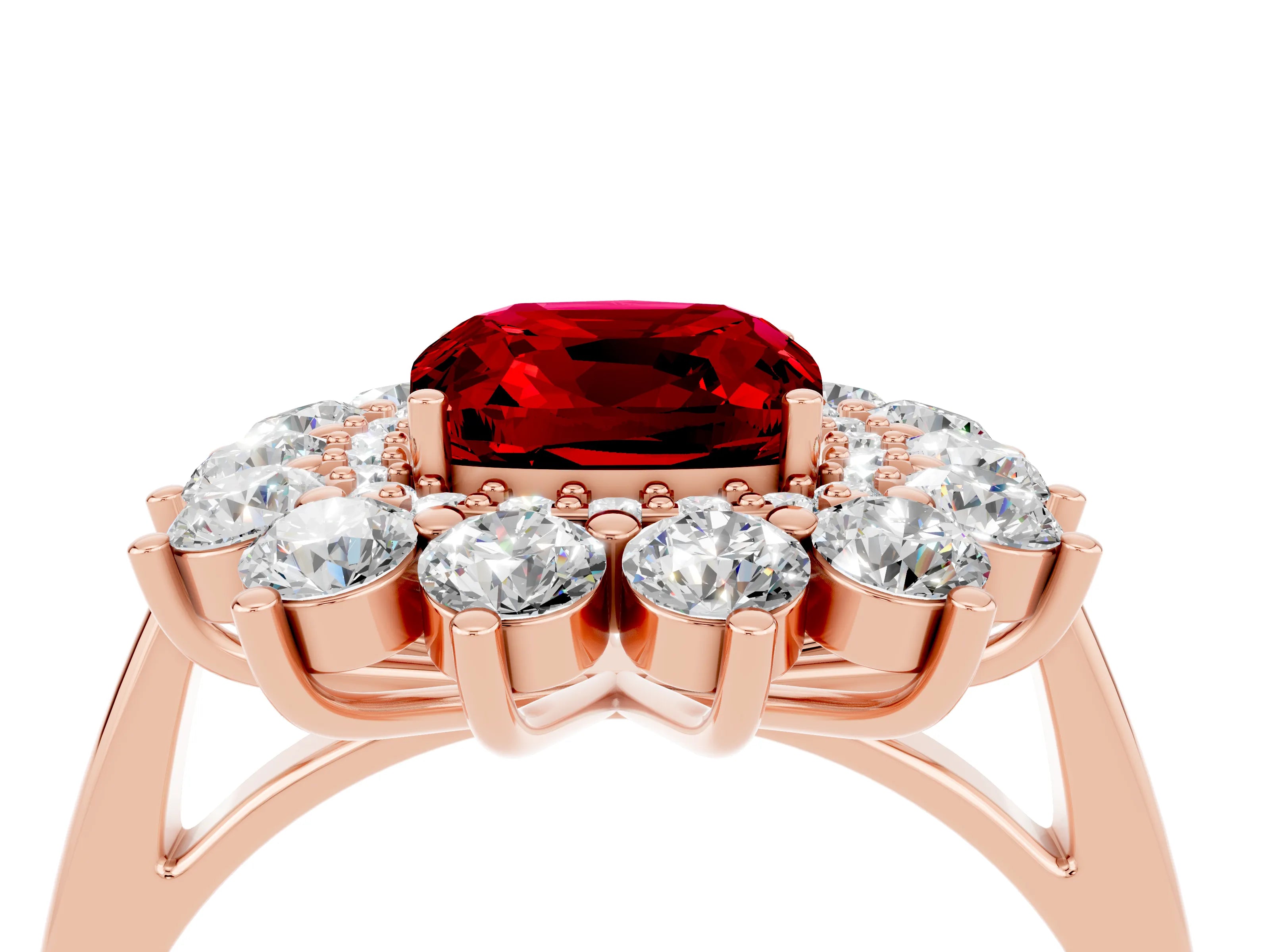 Rose gold Cushion Cut Halo Cluster Diamond Ring with Pave Band and Four-Prong Setting_16