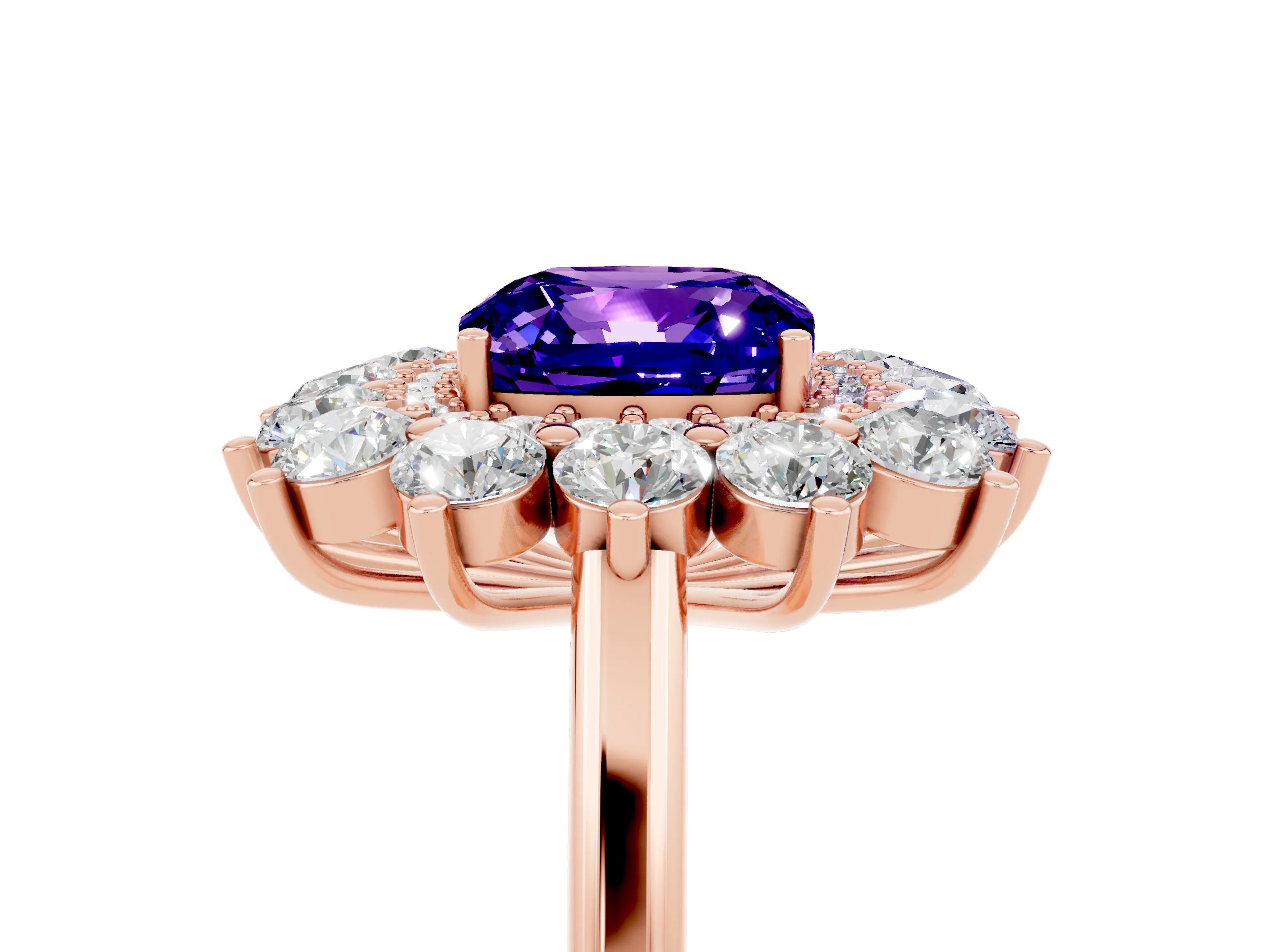 Rose gold Cushion Cut Halo Cluster Diamond Ring with Pave Band and Four-Prong Setting_17