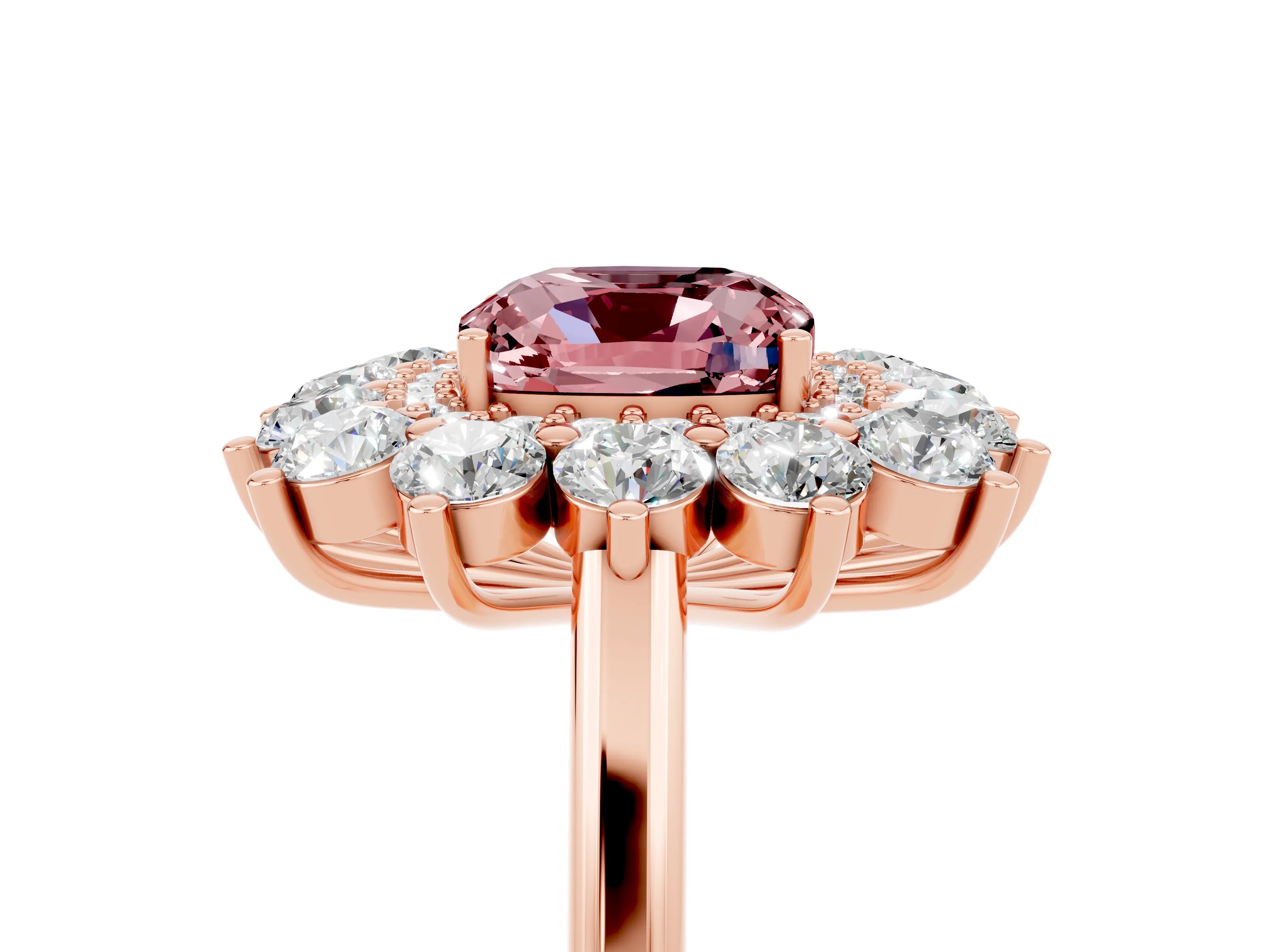 Rose gold Cushion Cut Halo Cluster Diamond Ring with Pave Band and Four-Prong Setting_17