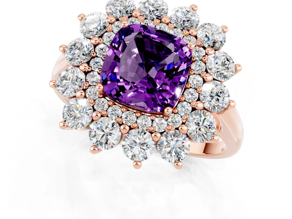 Rose gold Cushion Cut Amethyst Floral Double Halo Engagement Ring with Prong Setting