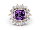 Rose gold Cushion Cut Halo Cluster Diamond Ring with Pave Band and Four-Prong Setting