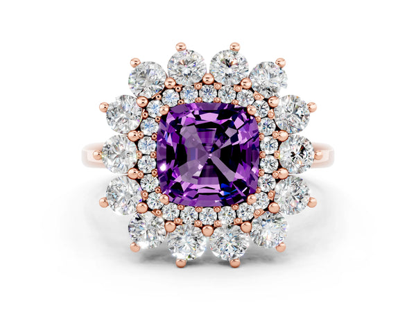Rose gold Cushion Cut Amethyst Floral Double Halo Engagement Ring with Prong Setting