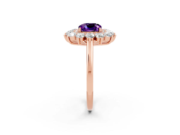 Rose gold Cushion Cut Amethyst Floral Double Halo Engagement Ring with Prong Setting