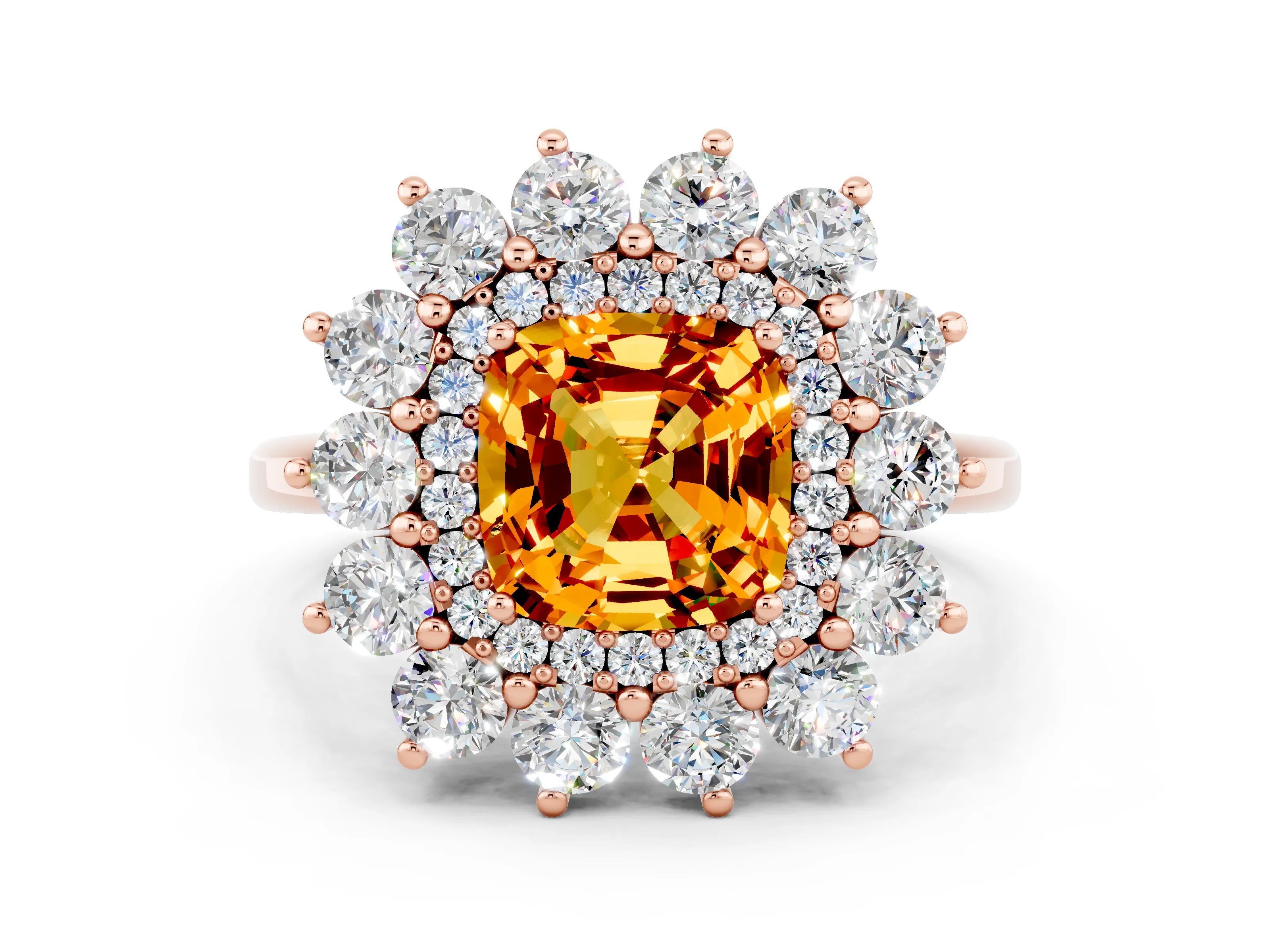 Rose gold Cushion Cut Halo Cluster Diamond Ring with Pave Band and Four-Prong Setting