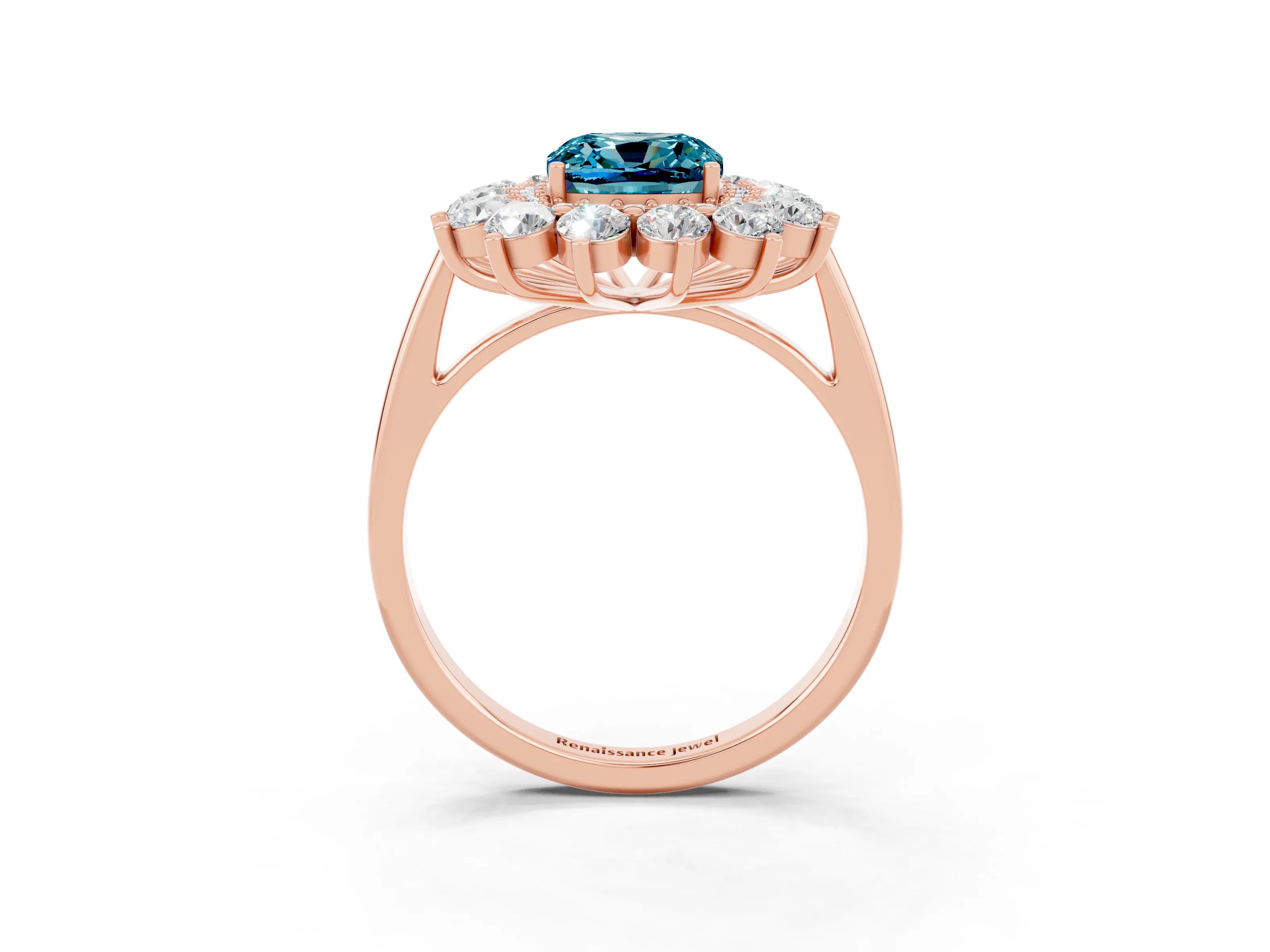Rose gold Cushion Cut Halo Cluster Diamond Ring with Pave Band and Four-Prong Setting_3