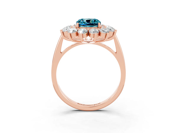 Rose gold Cushion Cut Halo Cluster Diamond Ring with Pave Band and Four-Prong Setting