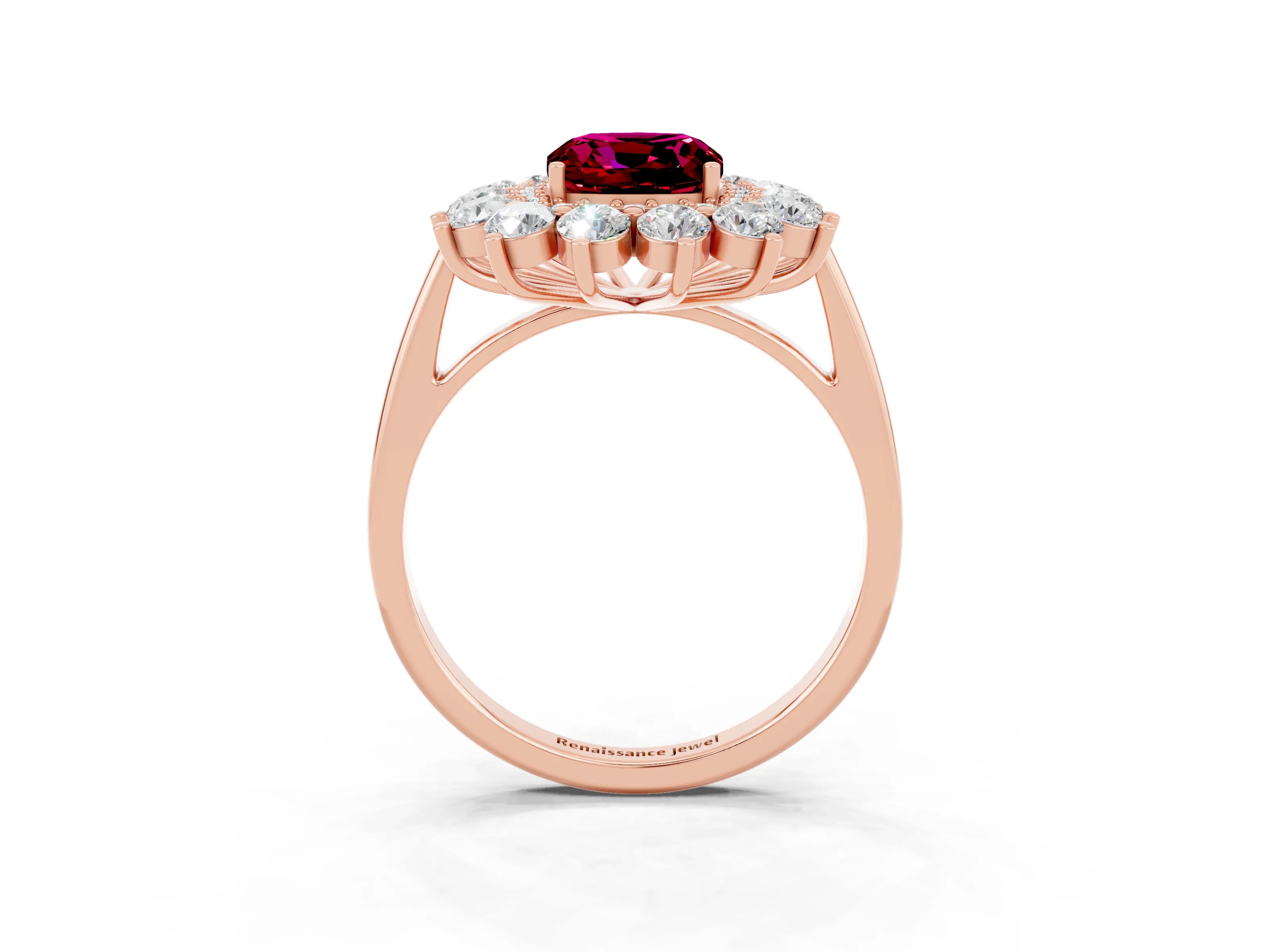 Rose gold Cushion Cut Halo Cluster Diamond Ring with Pave Band and Four-Prong Setting_3