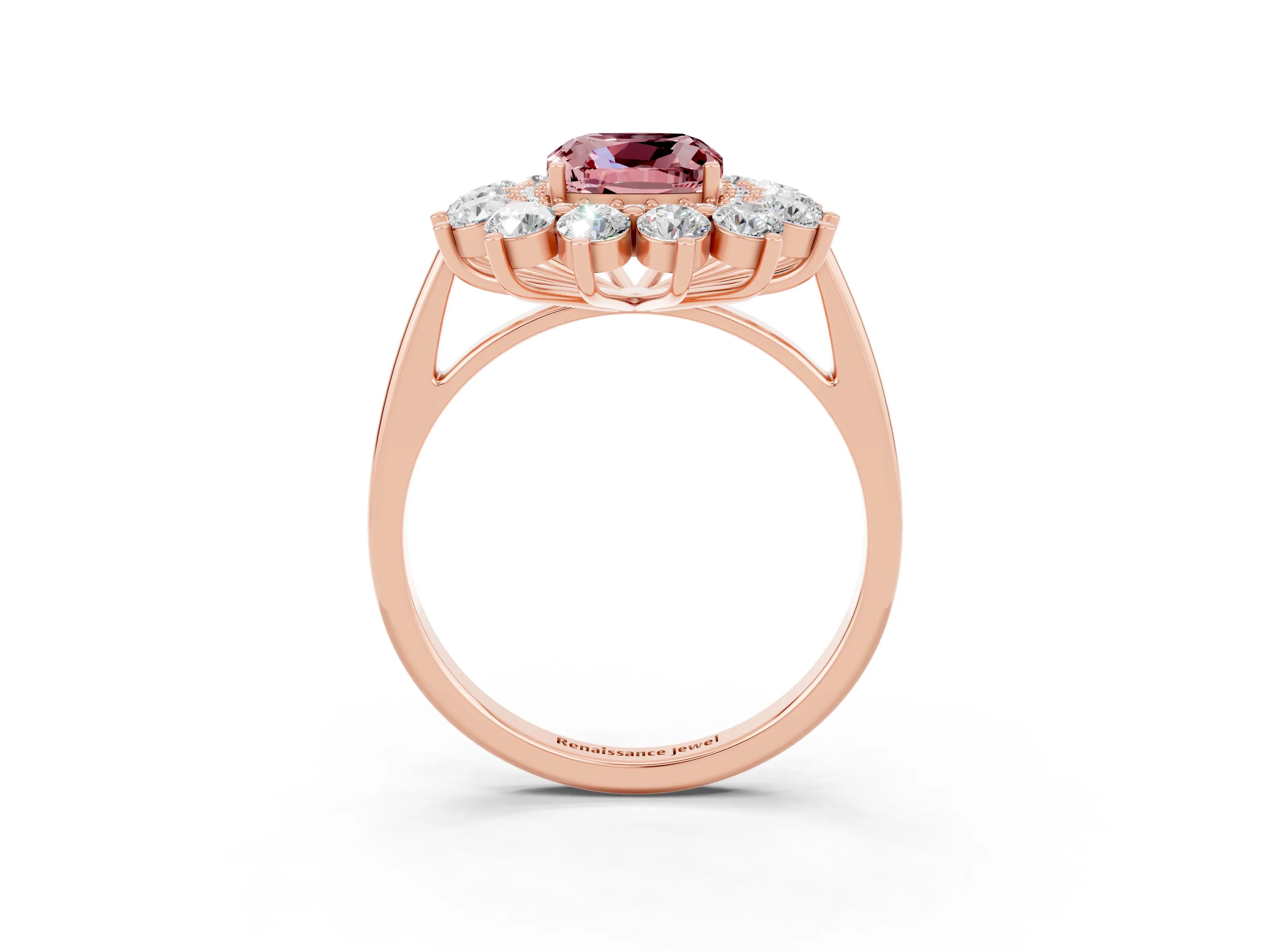 Rose gold Cushion Cut Halo Cluster Diamond Ring with Pave Band and Four-Prong Setting_3