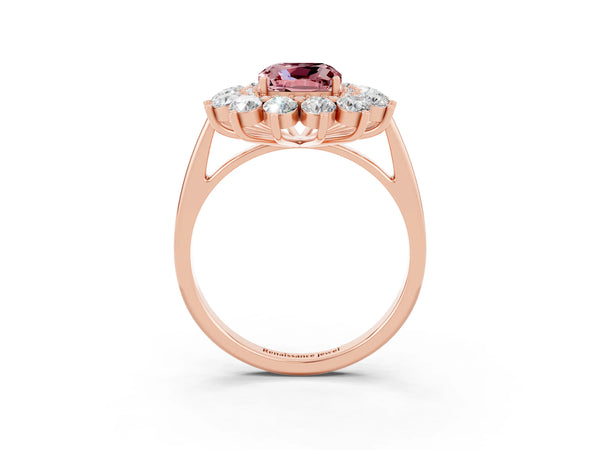 Rose gold Cushion Cut Halo Cluster Diamond Ring with Pave Band and Four-Prong Setting