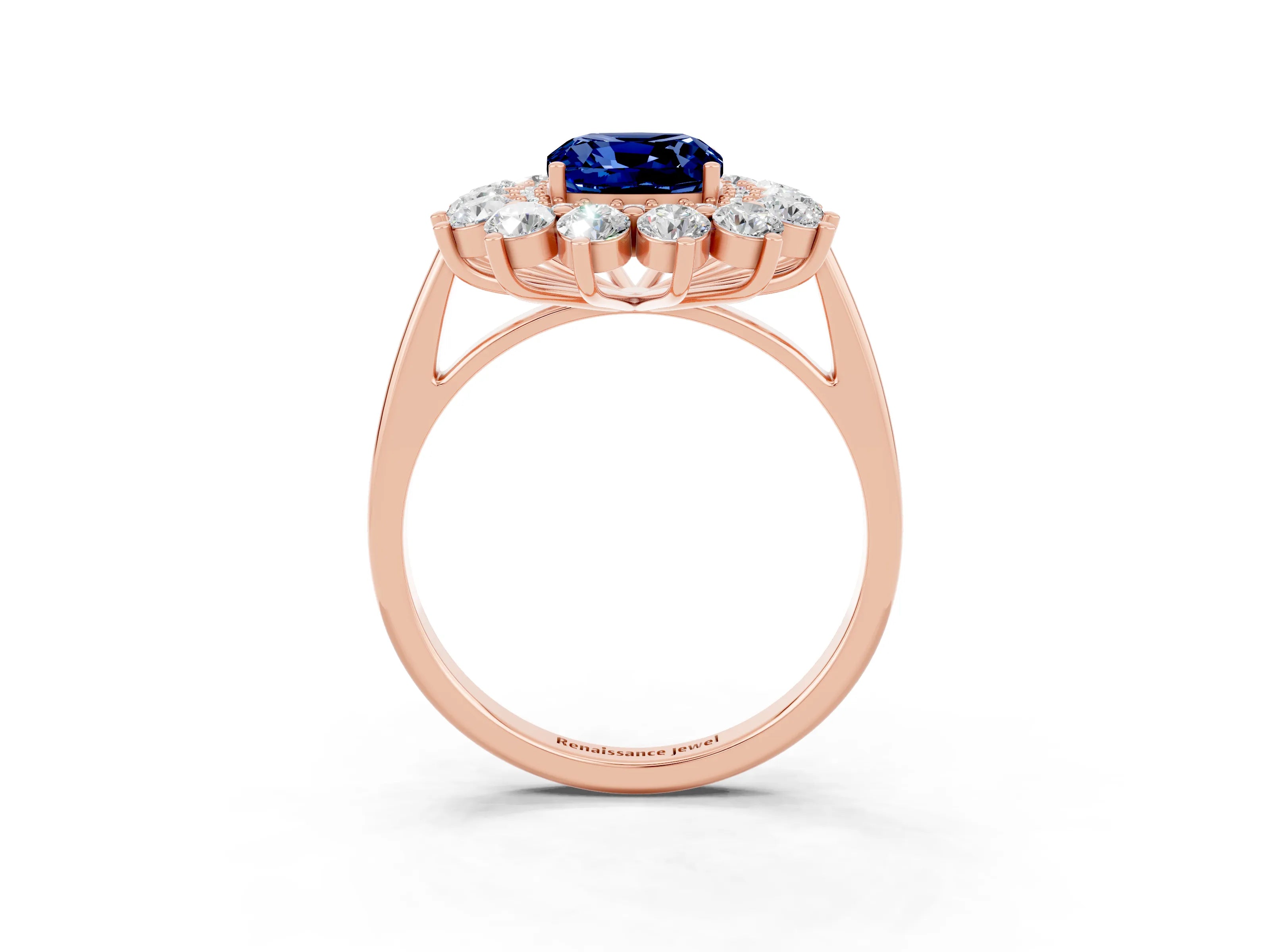 Rose gold Cushion Cut Halo Cluster Diamond Ring with Pave Band and Four-Prong Setting_3