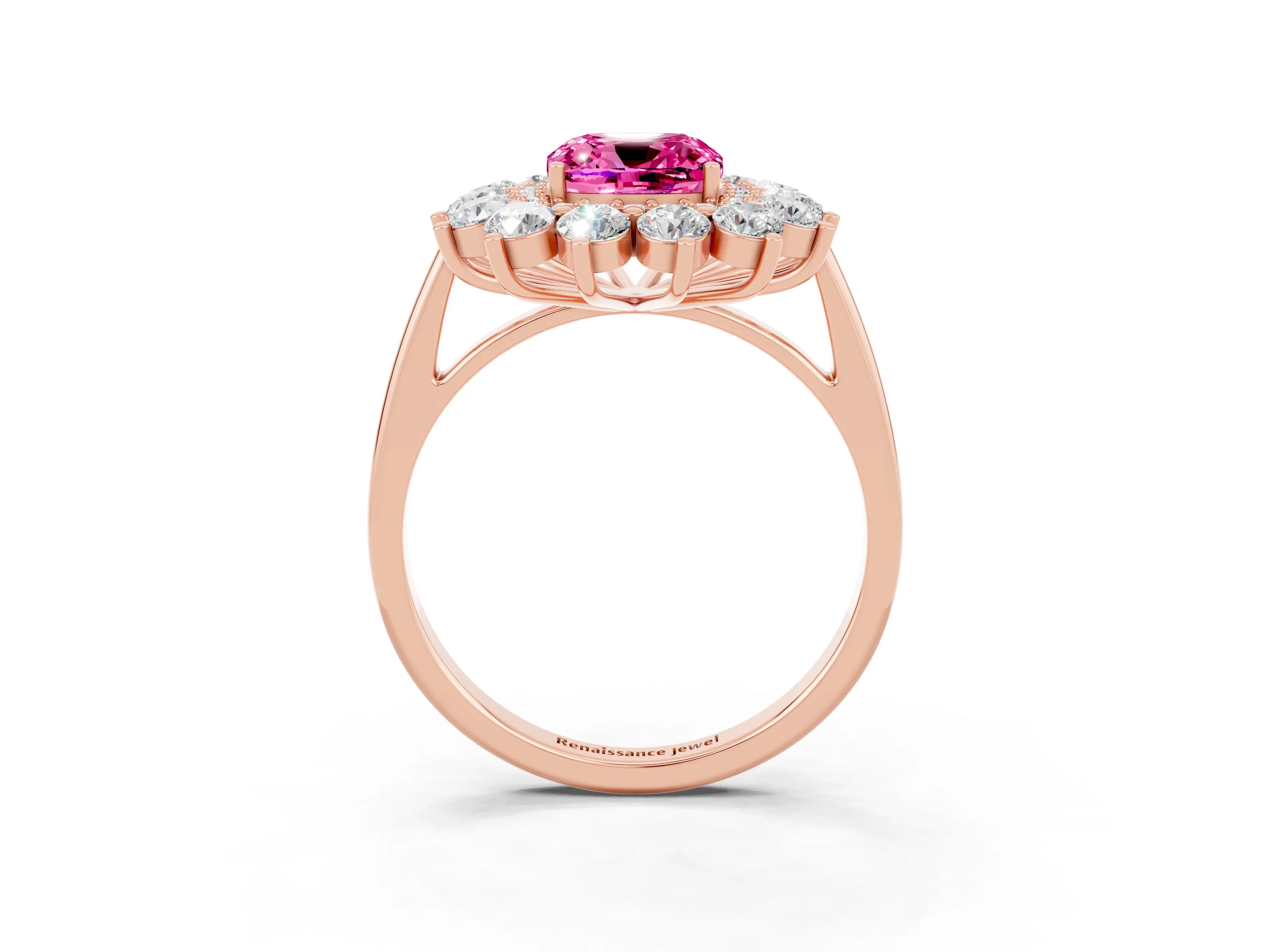 Rose gold Cushion Cut Halo Cluster Diamond Ring with Pave Band and Four-Prong Setting_3