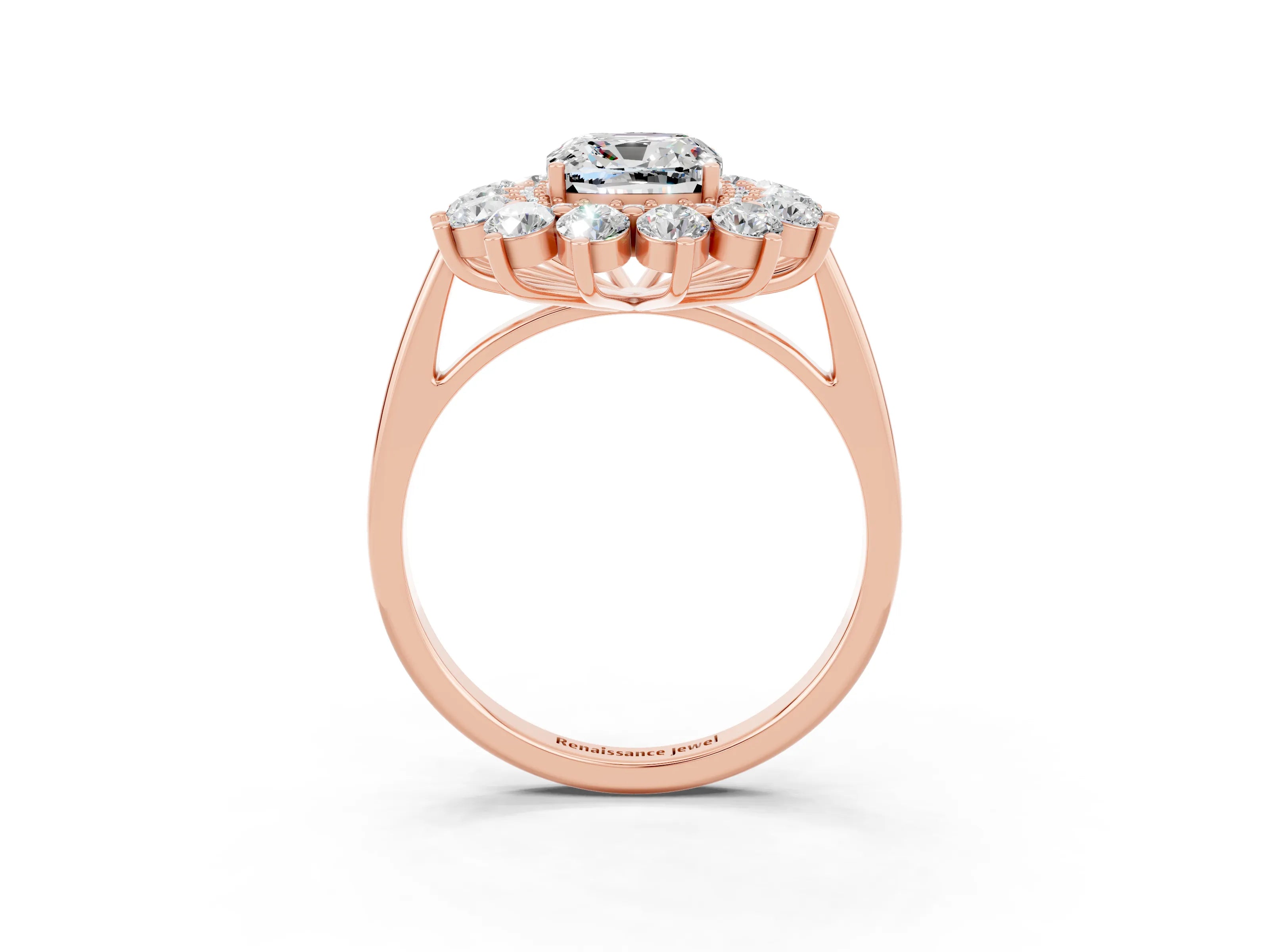 Rose gold Cushion Cut Halo Cluster Diamond Ring with Pave Band and Four-Prong Setting_3