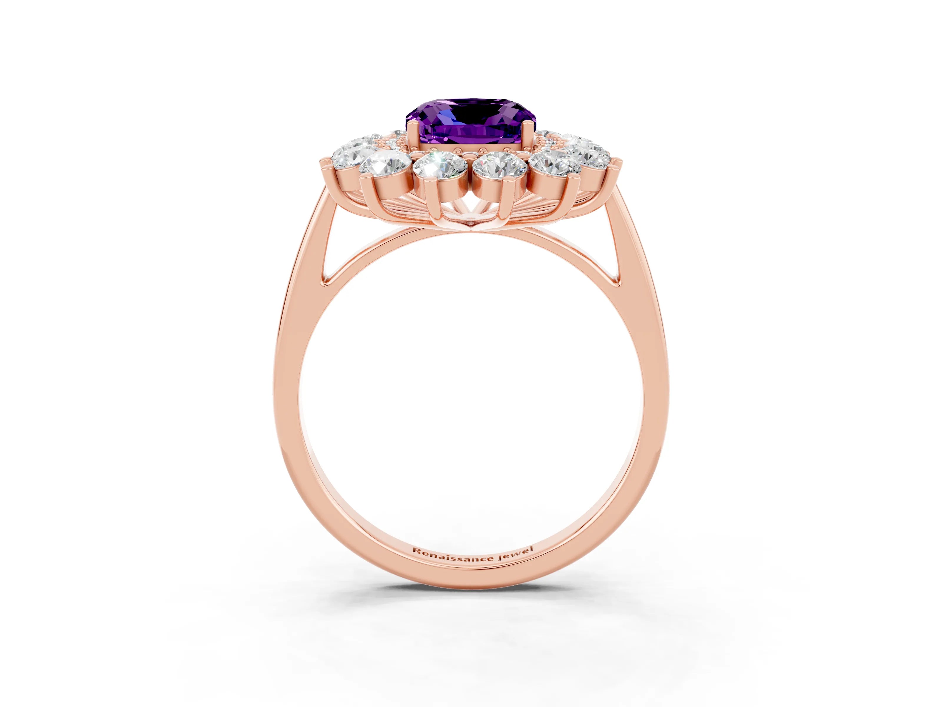 Rose gold Cushion Cut Halo Cluster Diamond Ring with Pave Band and Four-Prong Setting_3