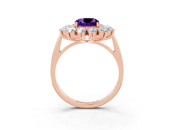 Rose gold Cushion Cut Amethyst Floral Double Halo Engagement Ring with Prong Setting