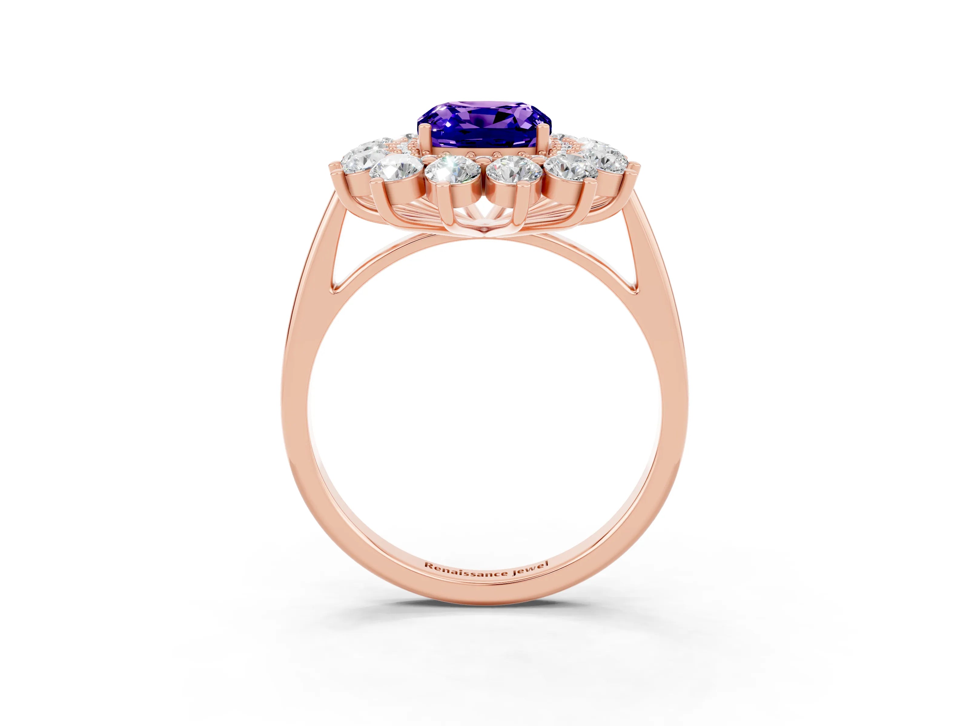 Rose gold Cushion Cut Halo Cluster Diamond Ring with Pave Band and Four-Prong Setting_3