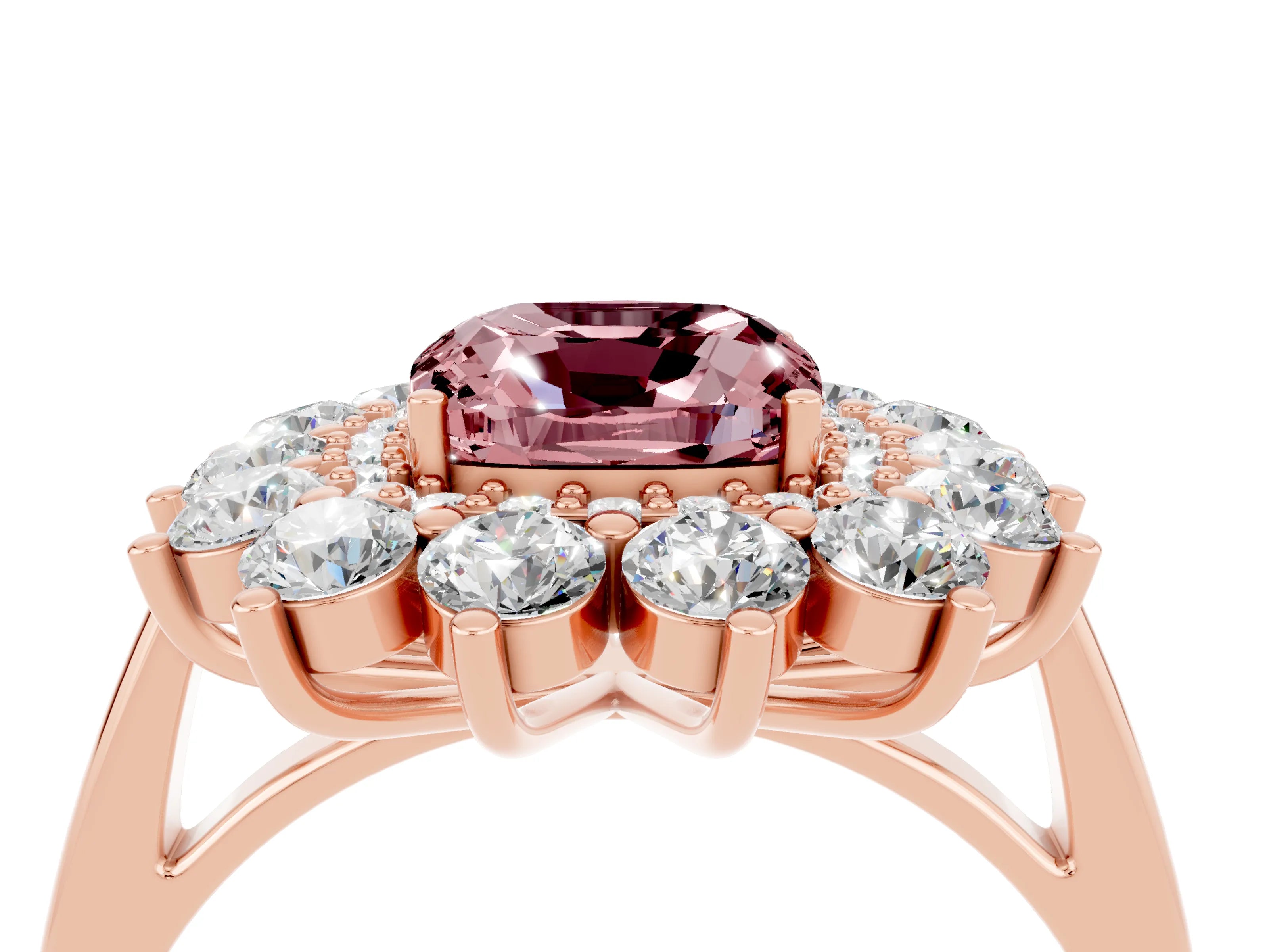 Rose gold Cushion Cut Halo Cluster Diamond Ring with Pave Band and Four-Prong Setting_4