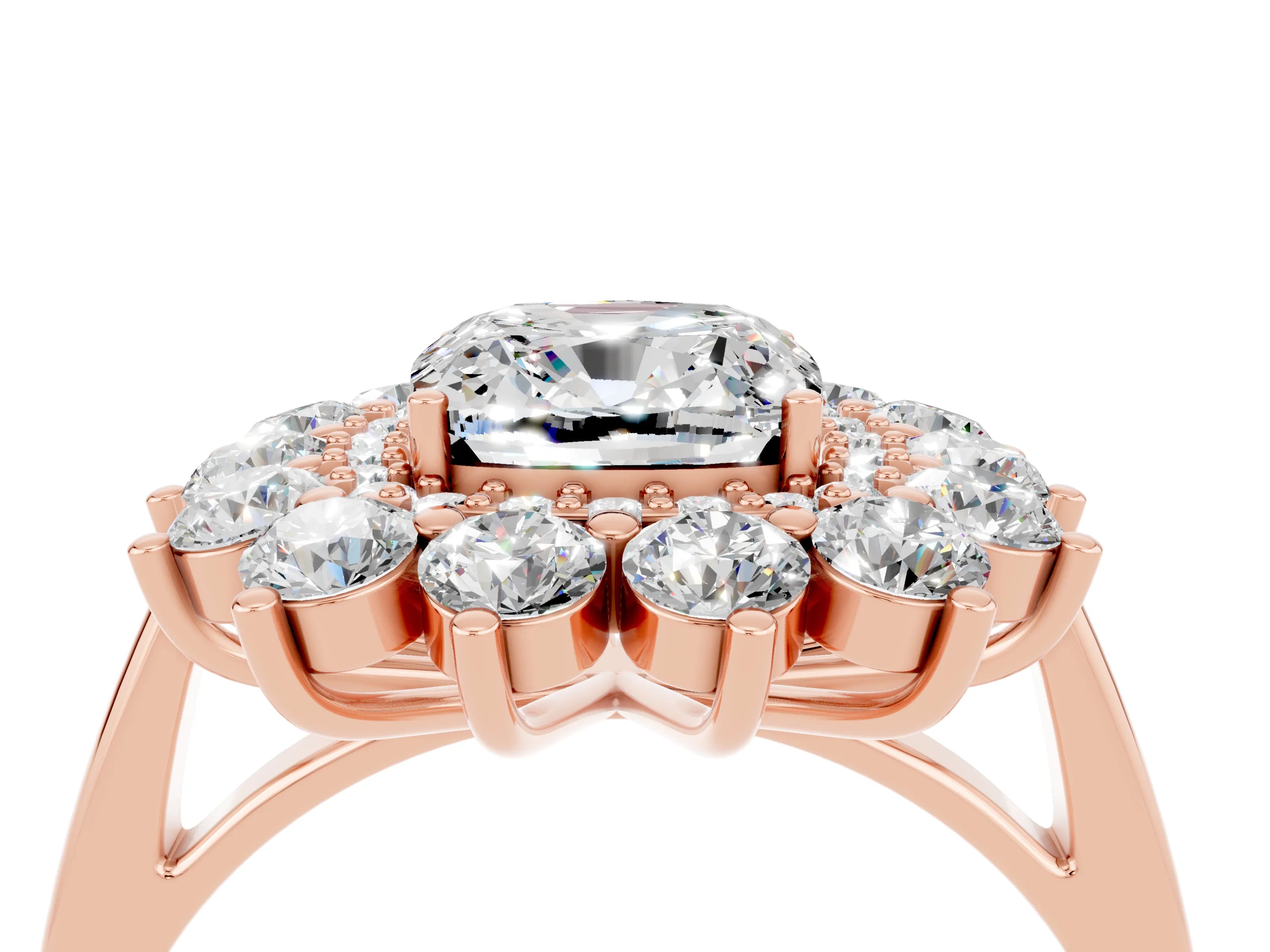 Rose gold Cushion Cut Halo Cluster Diamond Ring with Pave Band and Four-Prong Setting_4