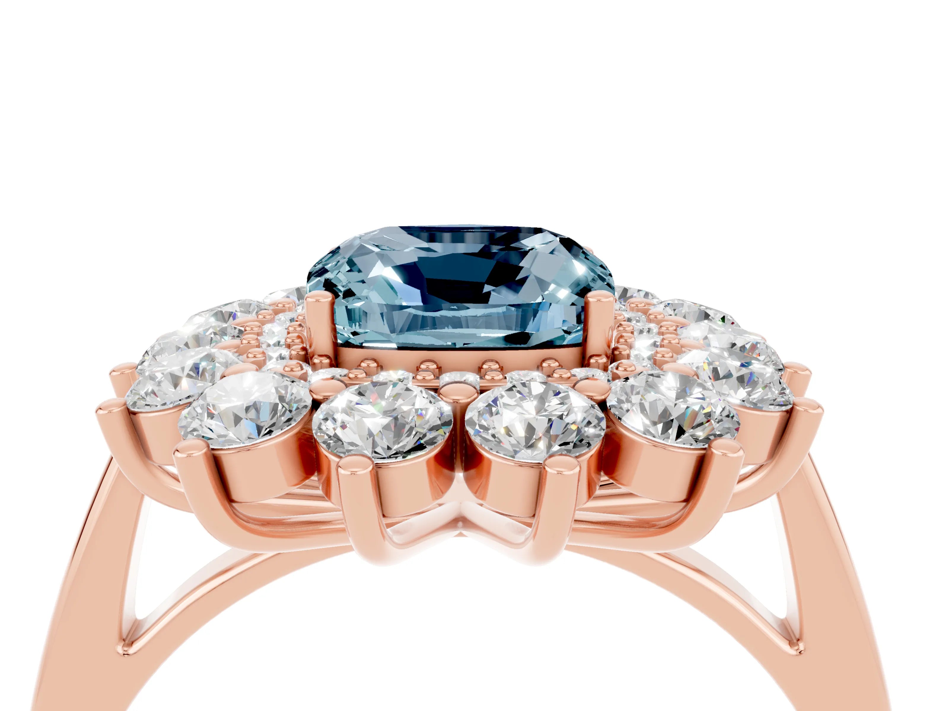 Rose gold Cushion Cut Halo Cluster Diamond Ring with Pave Band and Four-Prong Setting_4