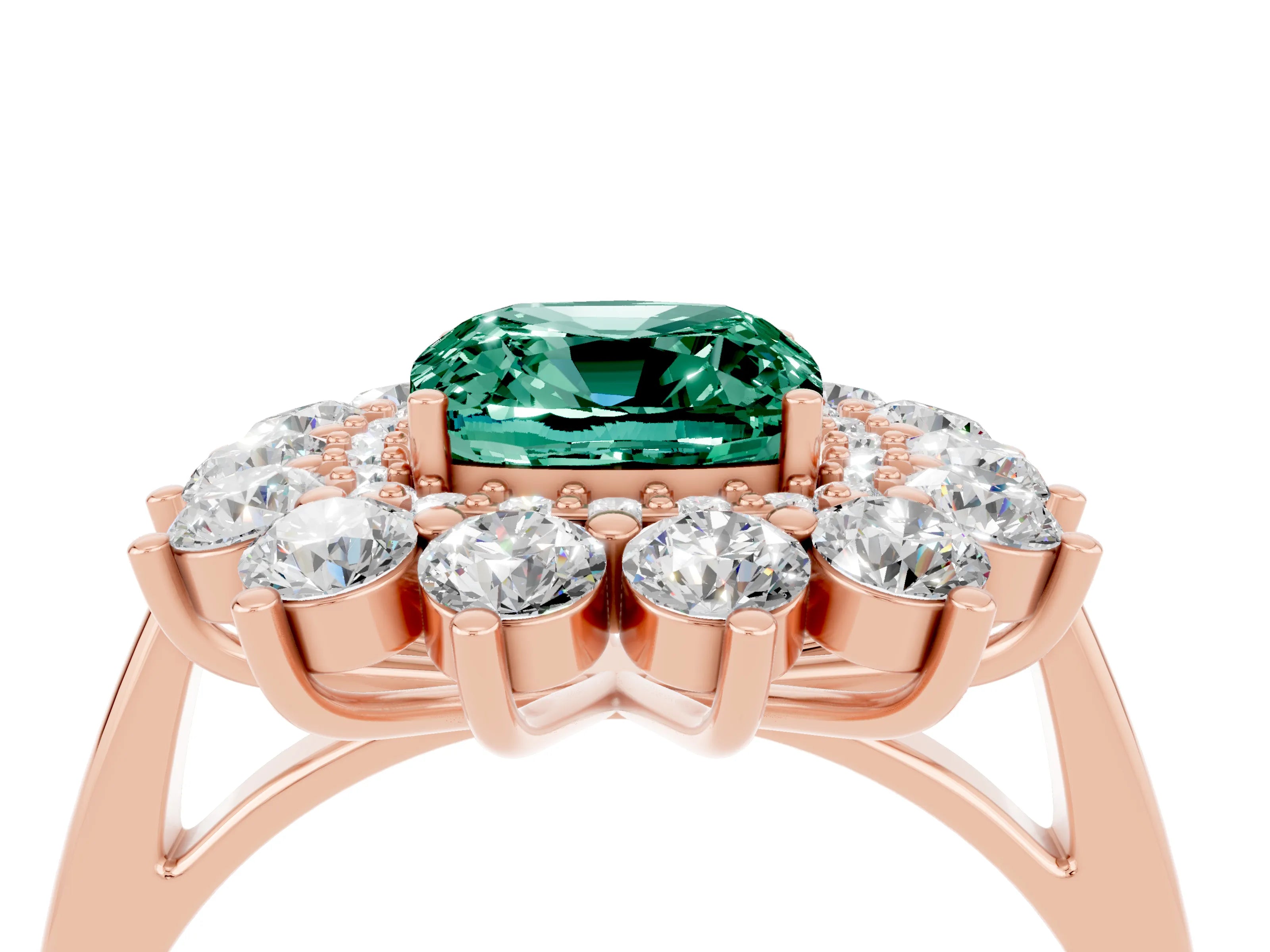 Rose gold Cushion Cut Halo Cluster Diamond Ring with Pave Band and Four-Prong Setting_4