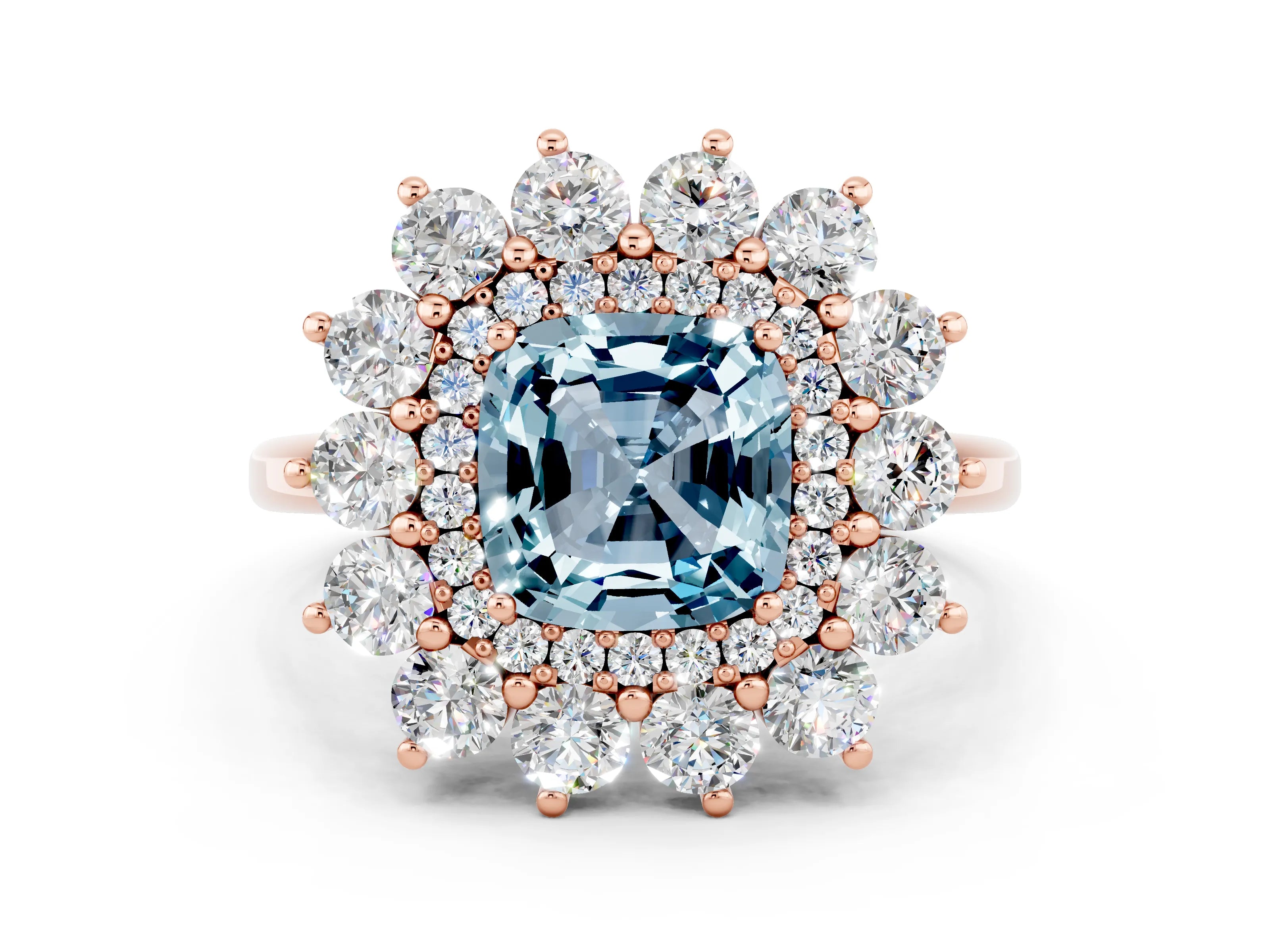 Rose gold Cushion Cut Halo Cluster Diamond Ring with Pave Band and Four-Prong Setting