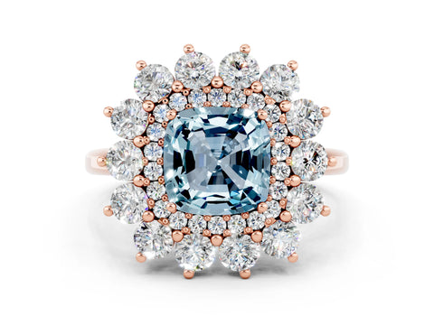 Rose gold Cushion Cut Halo Cluster Diamond Ring with Pave Band and Four-Prong Setting