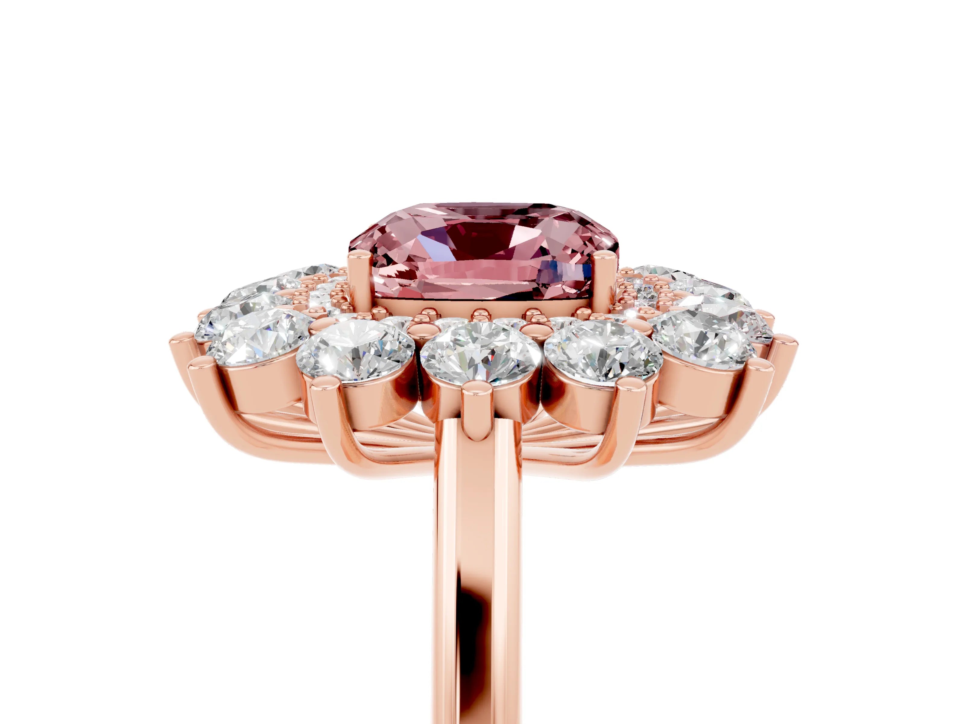 Rose gold Cushion Cut Halo Cluster Diamond Ring with Pave Band and Four-Prong Setting_5