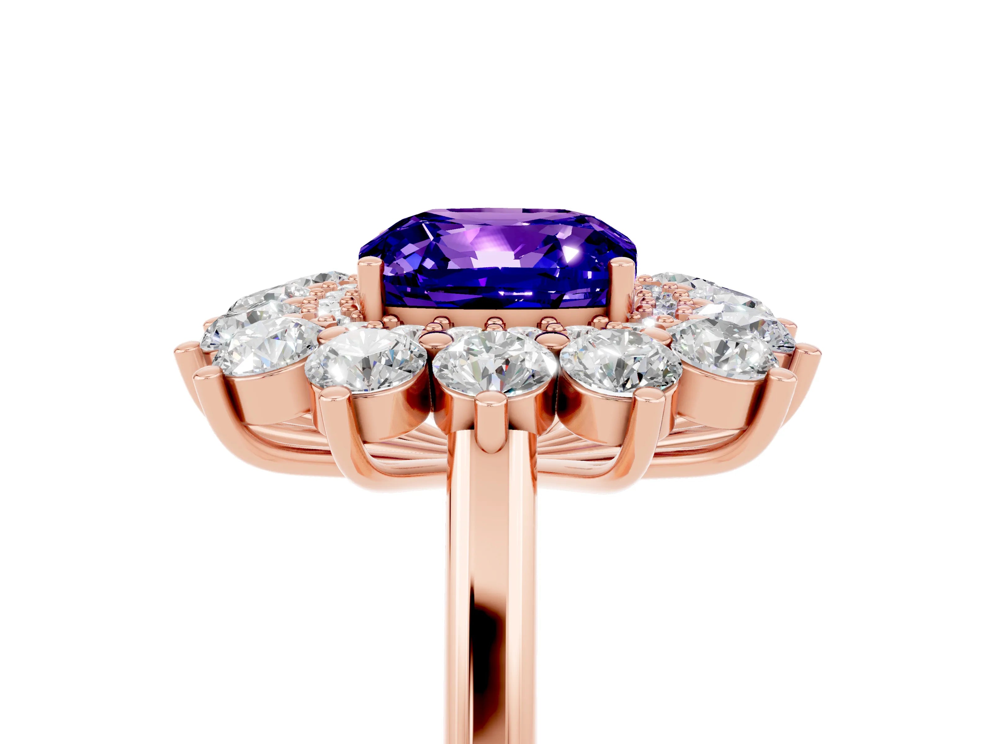 Rose gold Cushion Cut Halo Cluster Diamond Ring with Pave Band and Four-Prong Setting_5