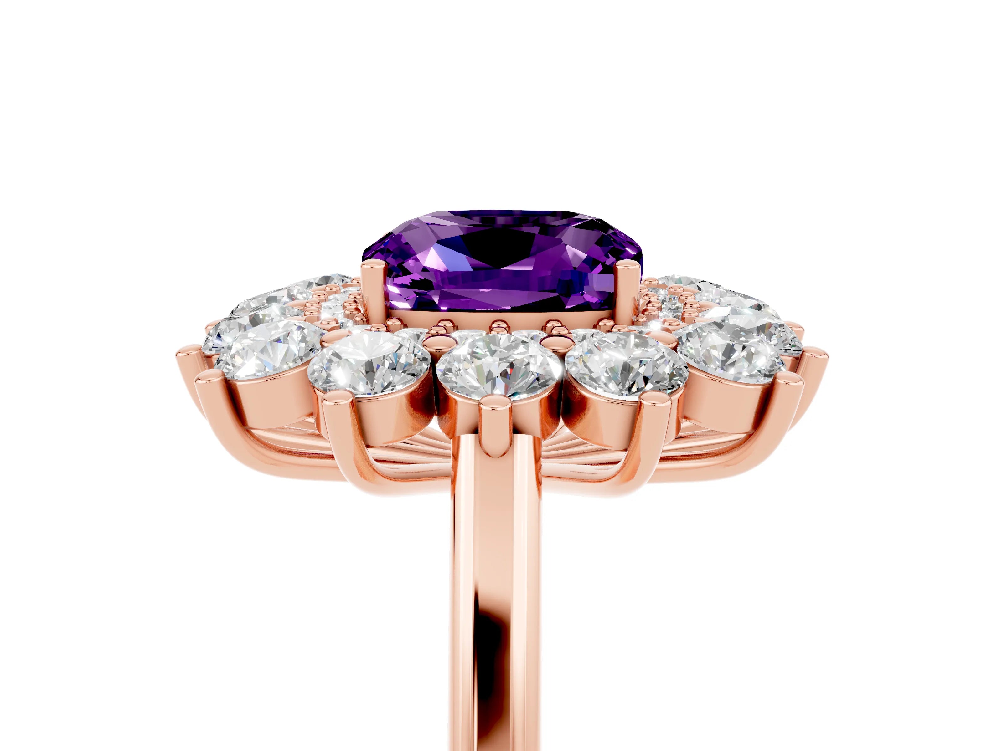Rose gold Cushion Cut Halo Cluster Diamond Ring with Pave Band and Four-Prong Setting_5