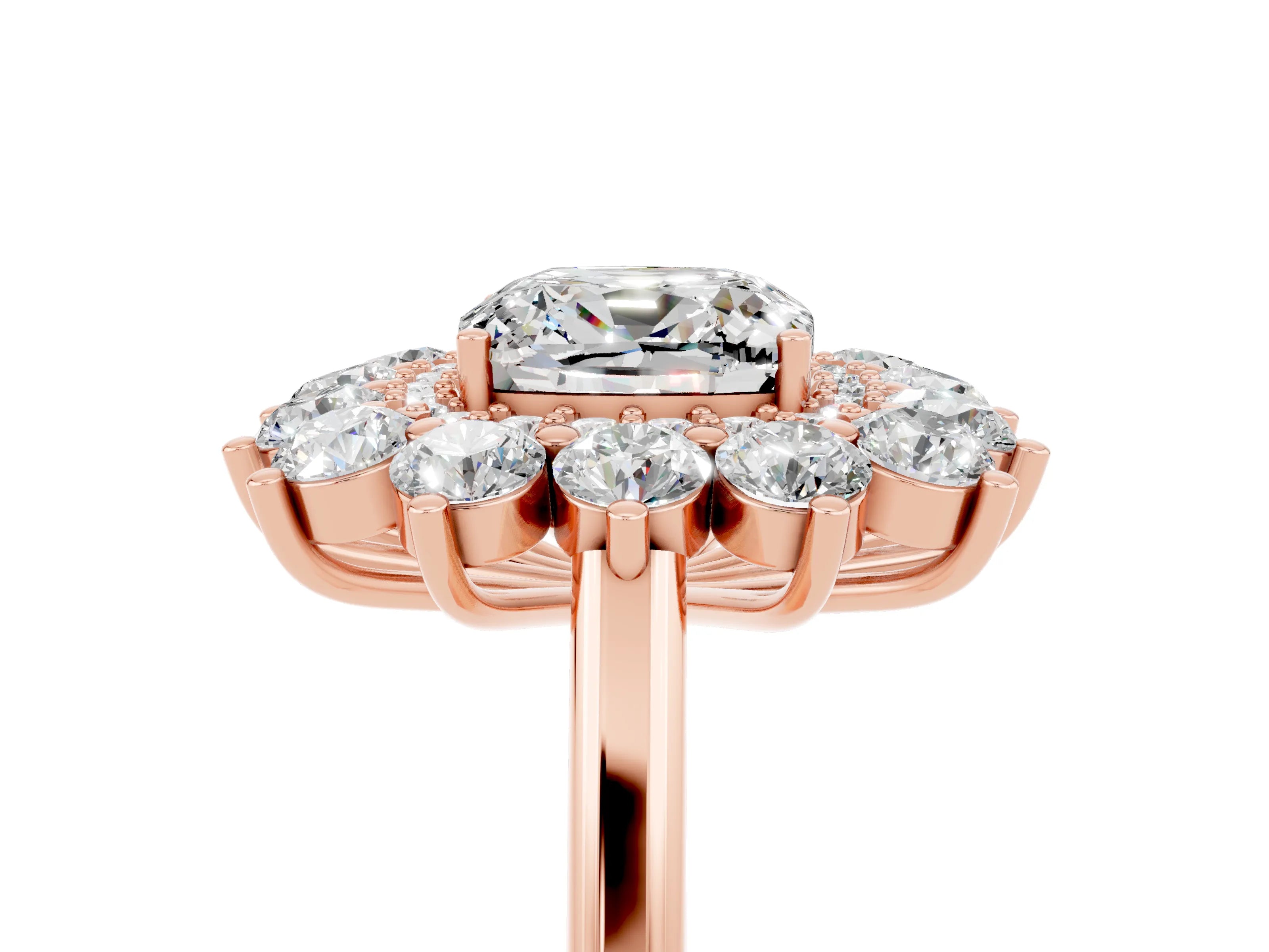 Rose gold Cushion Cut Halo Cluster Diamond Ring with Pave Band and Four-Prong Setting_5