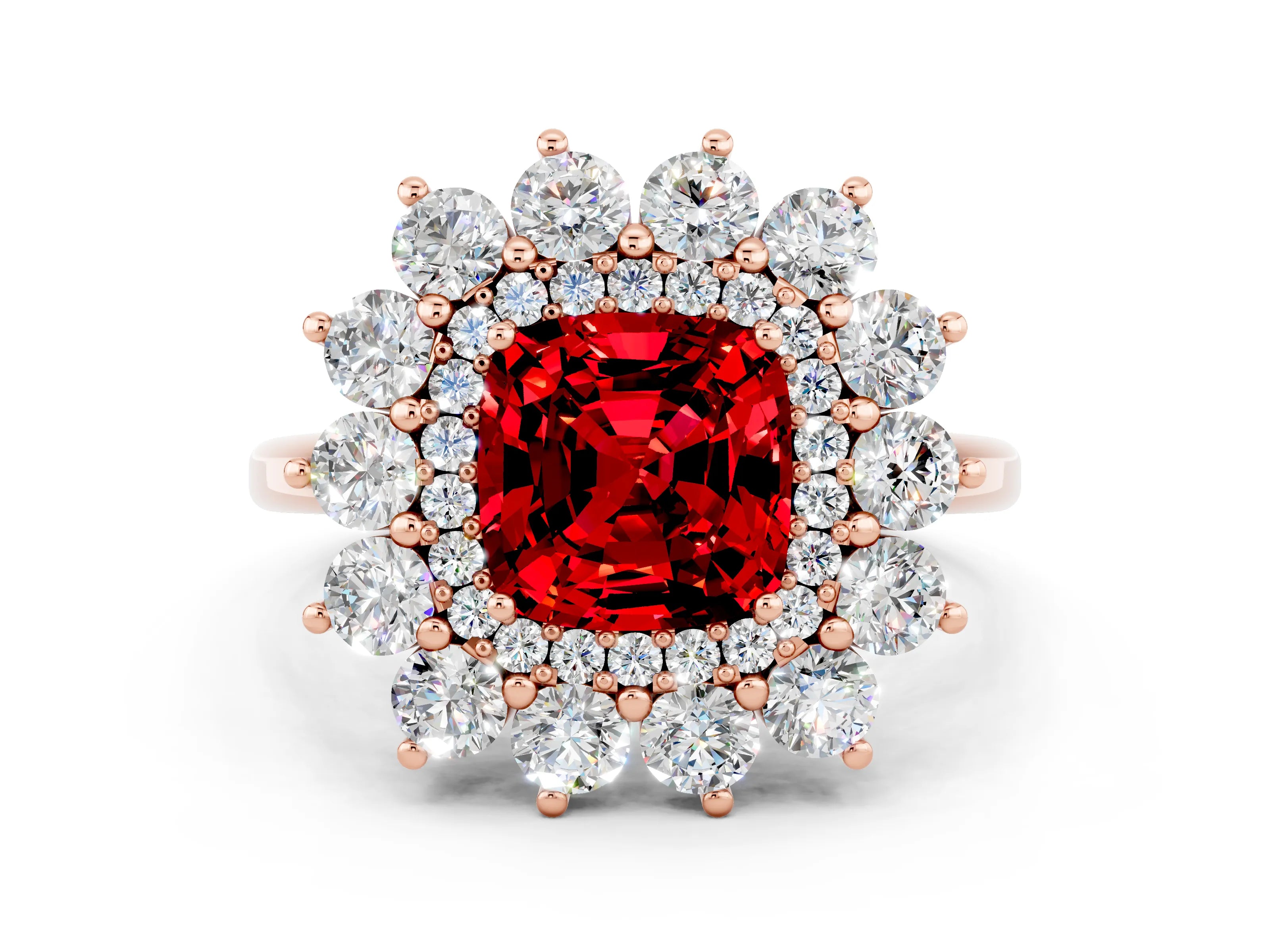 Rose gold Cushion Cut Halo Cluster Diamond Ring with Pave Band and Four-Prong Setting