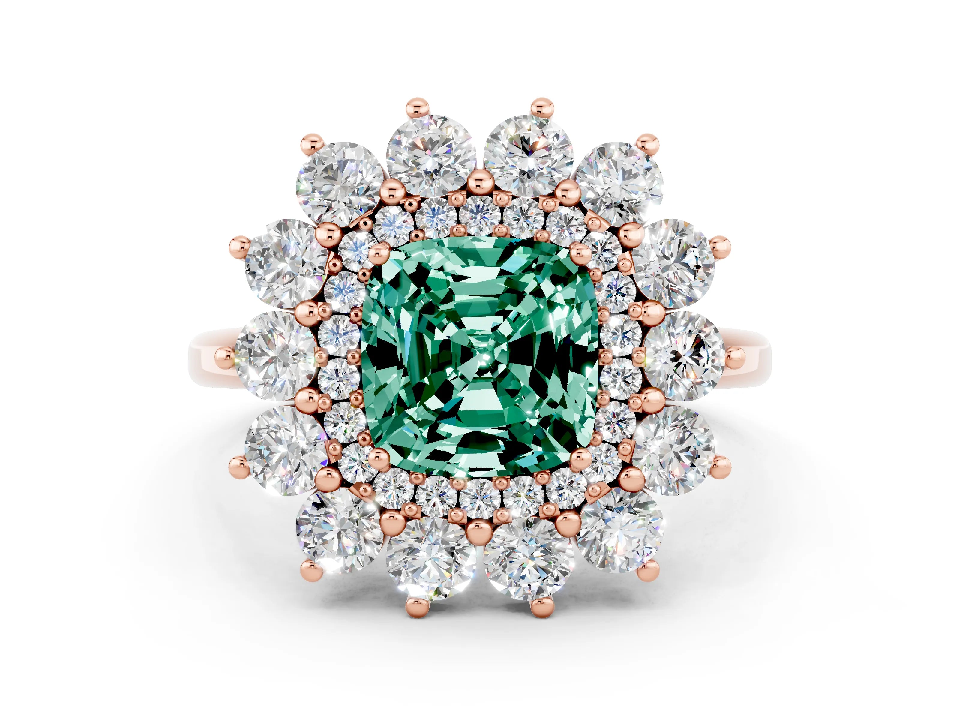 Rose gold Cushion Cut Halo Cluster Diamond Ring with Pave Band and Four-Prong Setting