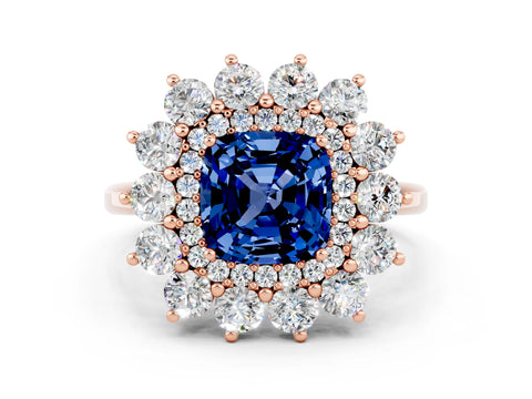 Rose gold Cushion Cut Halo Cluster Diamond Ring with Pave Band and Four-Prong Setting