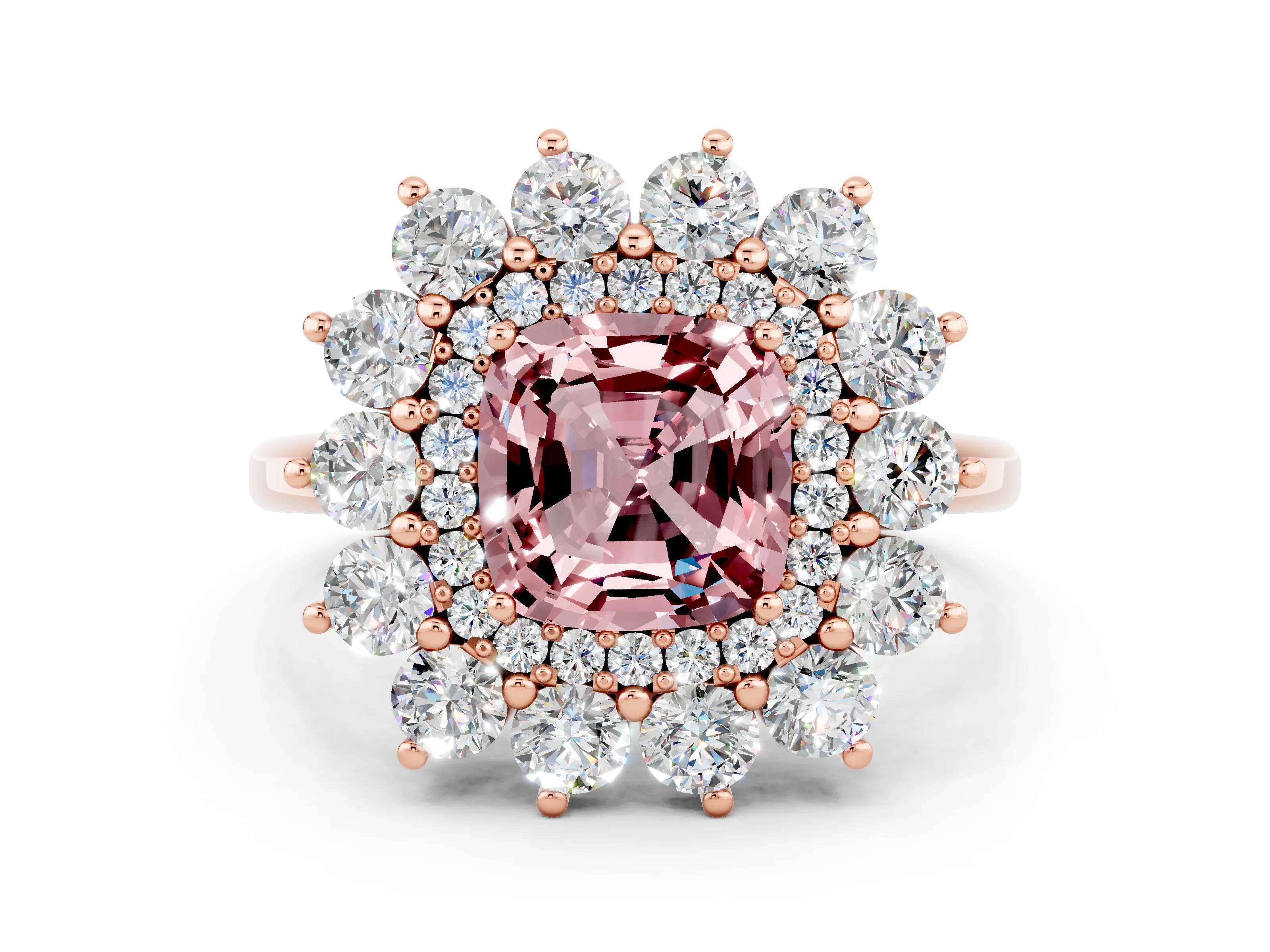 Rose gold Cushion Cut Halo Cluster Diamond Ring with Pave Band and Four-Prong Setting