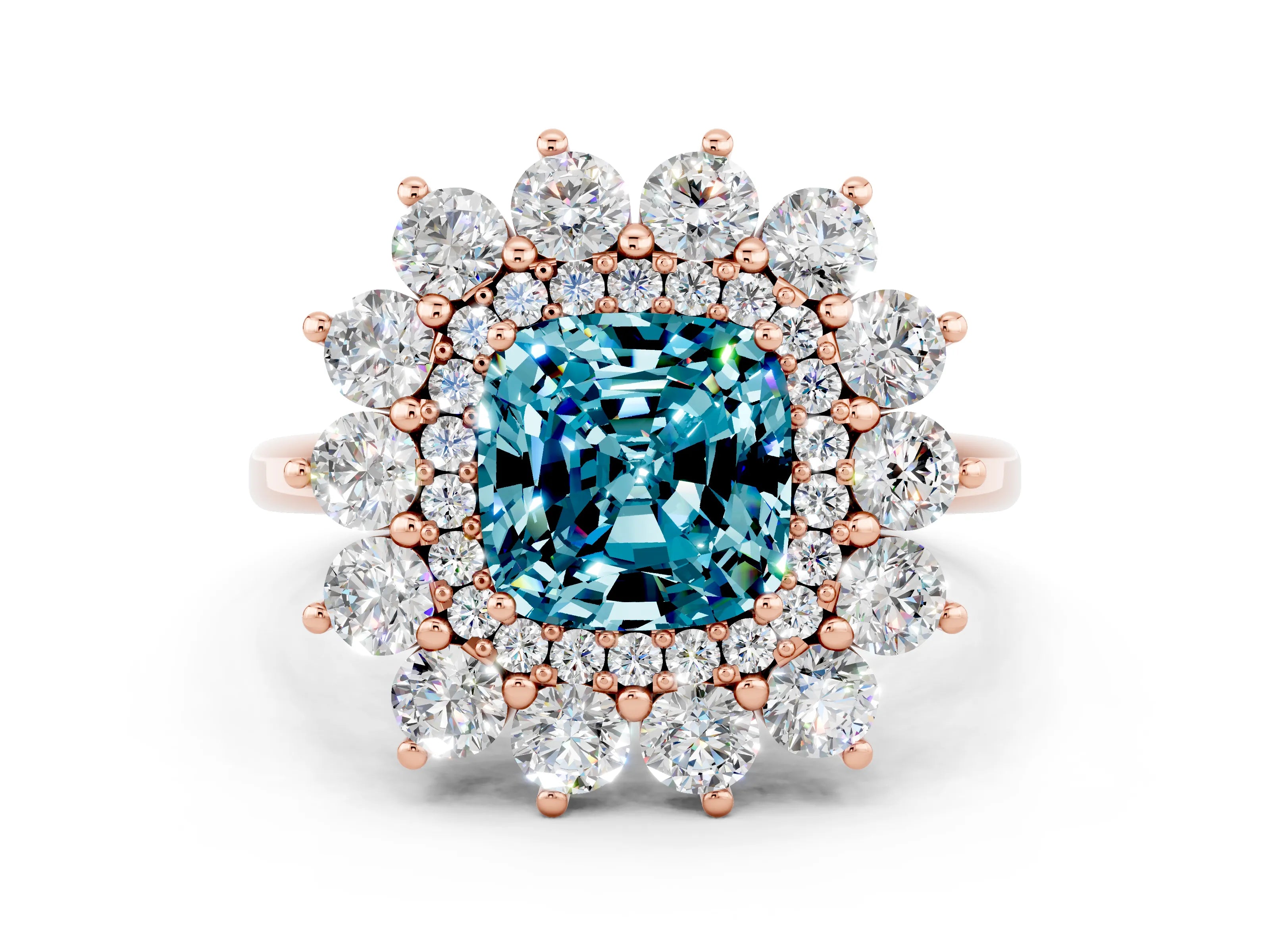Rose gold Cushion Cut Halo Cluster Diamond Ring with Pave Band and Four-Prong Setting