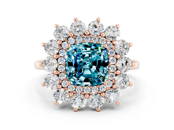 Rose gold Cushion Cut Halo Cluster Diamond Ring with Pave Band and Four-Prong Setting